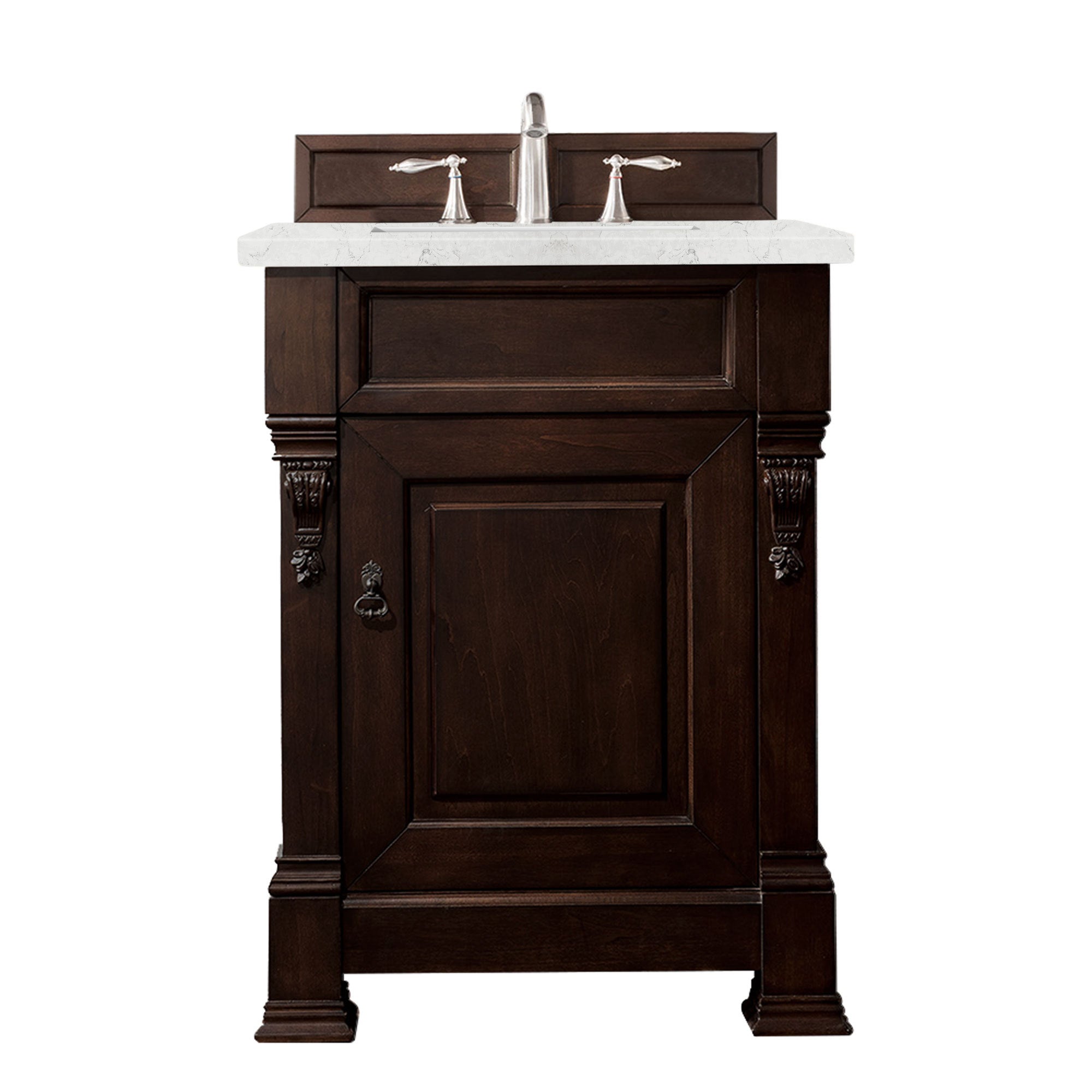 Brookfield 26 Inch Single Bathroom Vanity with Burnished Mahogany Base & 3CM Eternal Jasmine Pearl Quartz Countertop - Perfect for Modern Master Bath or Powder Room Renovation
