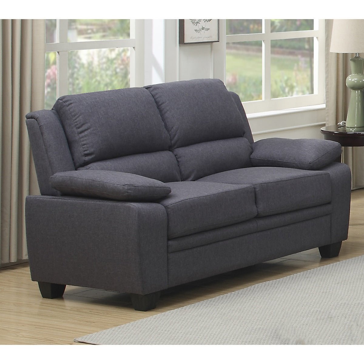 Grey Fabric Love Seat with High Back and Pillows Over the Arms - Comfortable Small Couch for Living Room, Apartment, or Office Lounge