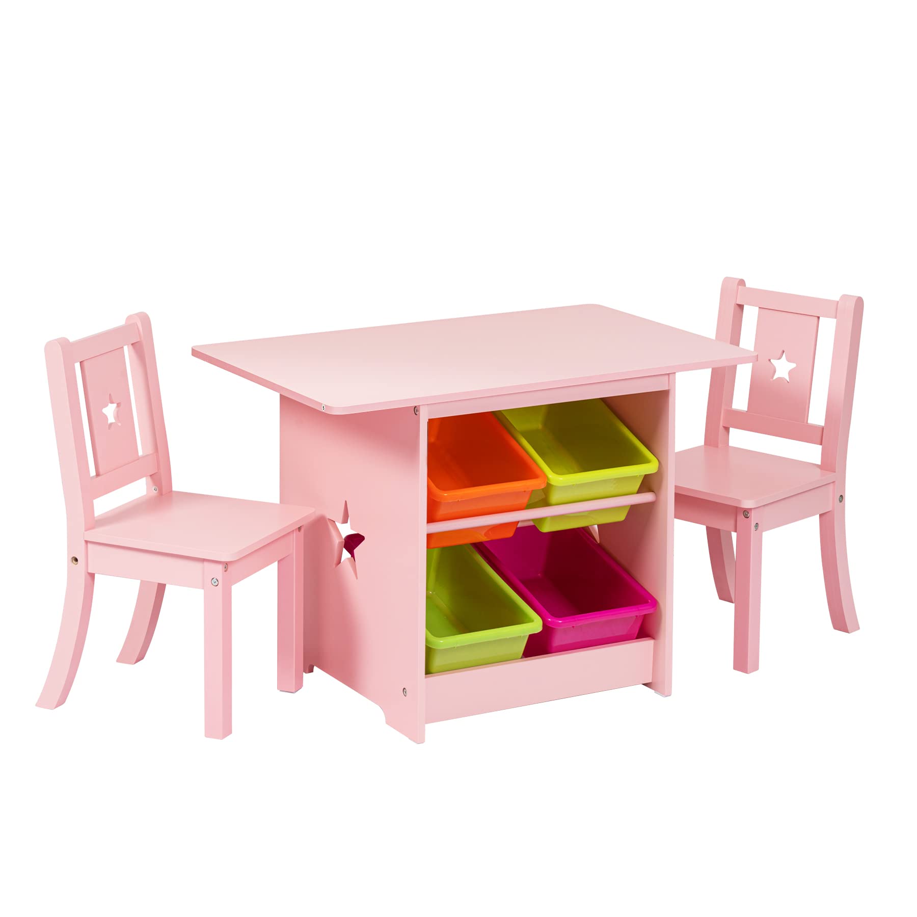 Lovin&Hugin Kids Table and Chair Set - Wooden Children's Desk with 2 Chairs & 4 Storage Bins, Star Design Study Table for Toddlers (Pink) - Perfect for Playroom, Homeschooling & Arts & Crafts Activities