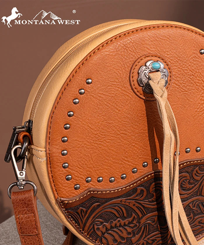Montana West Tooled Leather Circle Crossbody Bag for Women - Stylish Boho Shoulder Purse for Everyday Use, Travel & Shopping
