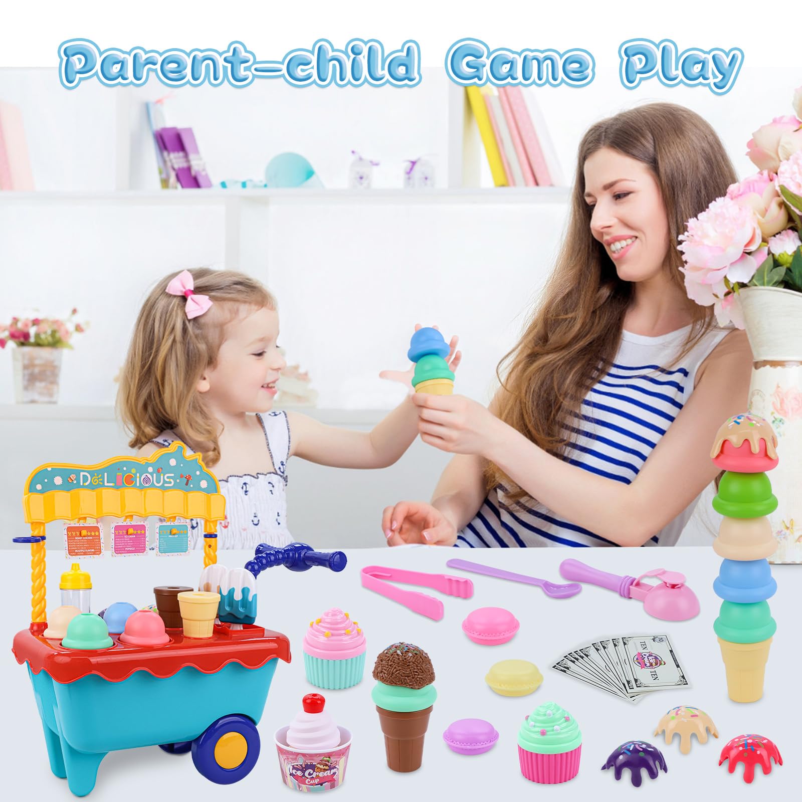 45 Pcs Ice Cream Cart Play Set for Kids - Pretend Play Store with Storage Trolley, Food Toys & Ice Cream Shop Toy - Perfect Gift for Boys & Girls Ages 3-6 - Fun Birthday Party, Daycare & Indoor Play Activity