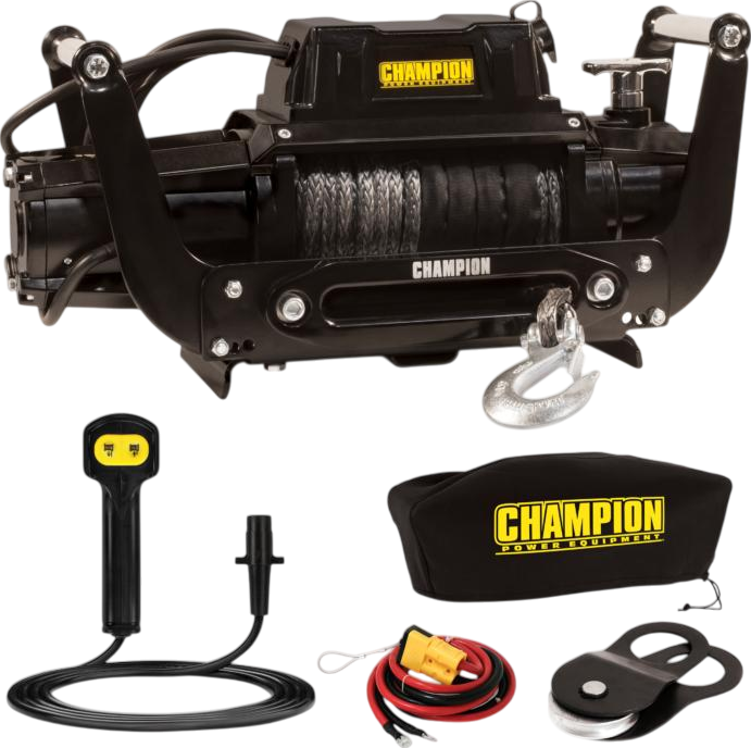 Champion 100427 12,000 lb Electric Winch Kit with Synthetic Rope & Speed Mount - Heavy Duty Off-Road Recovery, Towing, and Vehicle Rescue for Trucks, Jeeps, ATVs