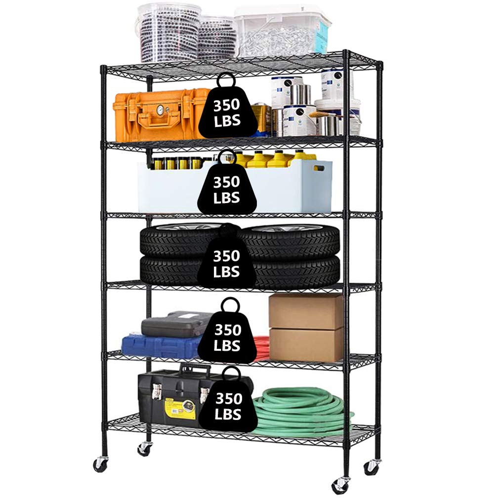 6-Tier Heavy Duty Metal Wire Shelving Unit with Wheels - Adjustable Height 48