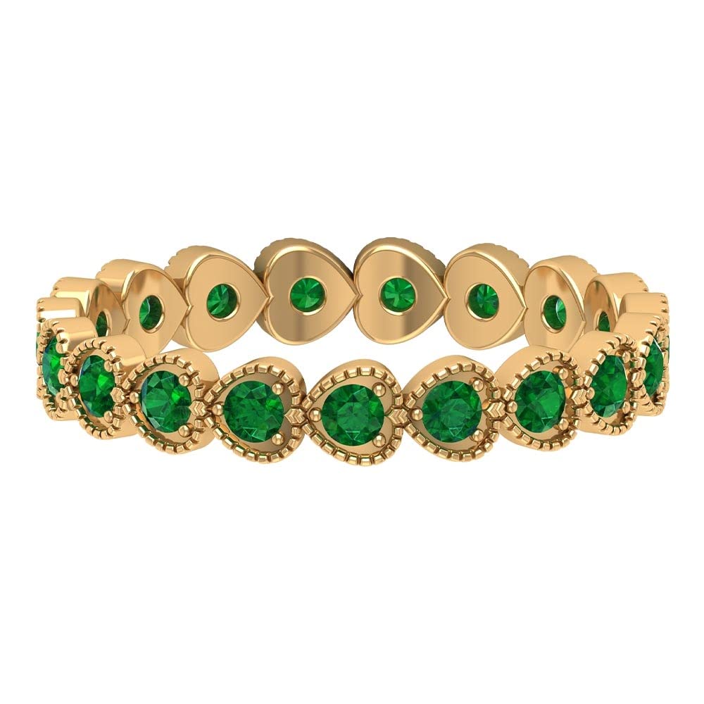 Emerald Heart Eternity Ring - 14K Solid Gold May Birthstone Band with Milgrain Detailing | Elegant Wedding, Anniversary & Valentine's Day Jewelry Gift for Women