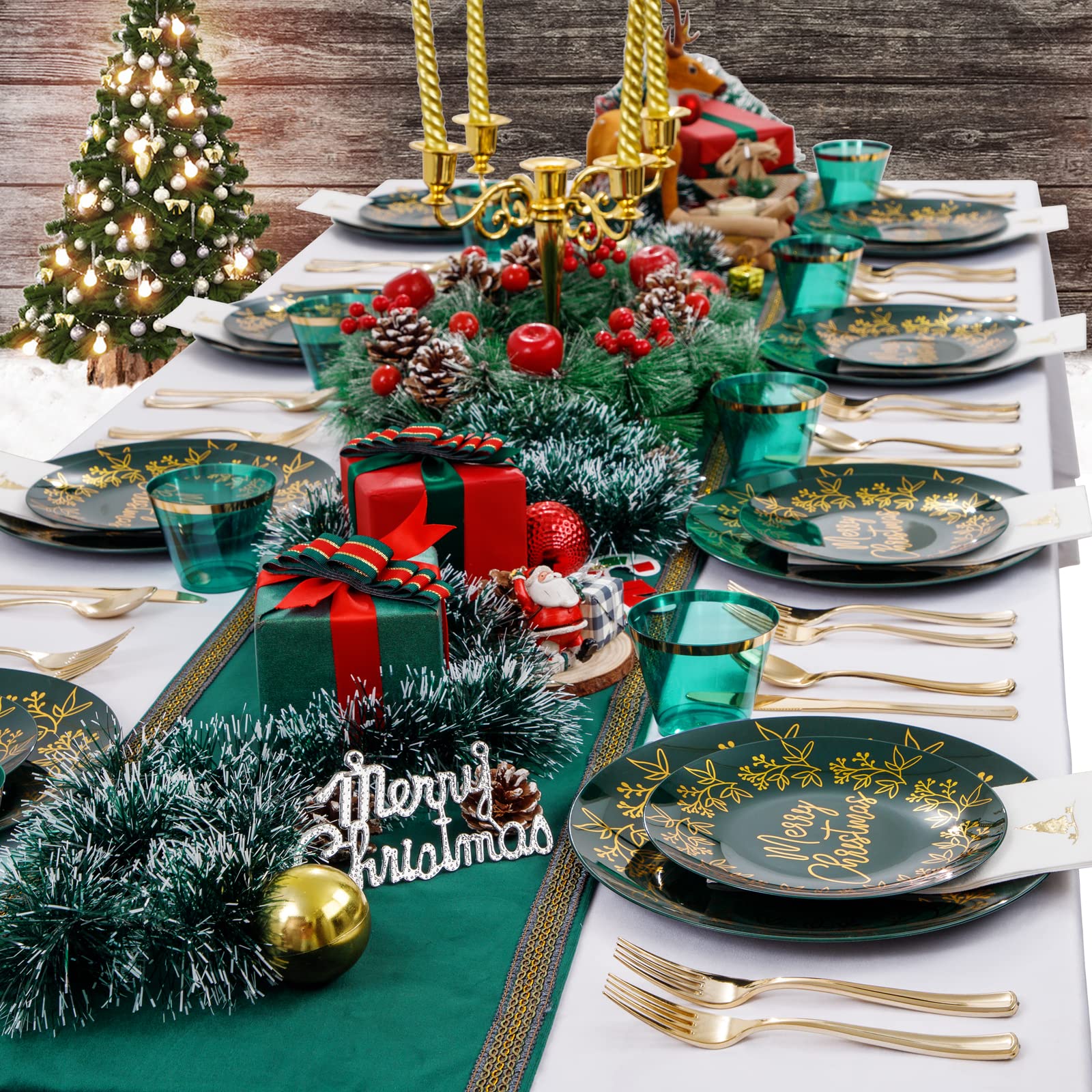 Morejoy 175-Piece Green and Gold Christmas Plastic Dinnerware Set - Plates, Cutlery, Cups & Napkins for Holiday Parties, Family Gatherings & Festive Celebrations