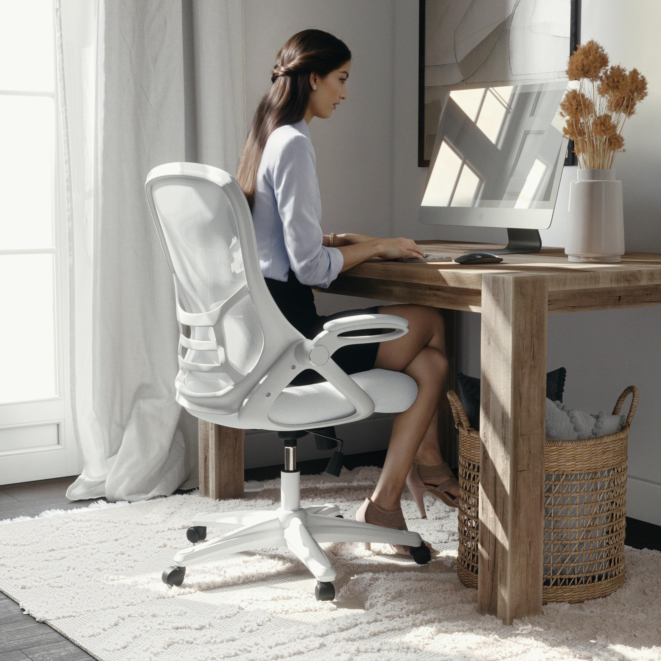 Flash Furniture Porter High-Back Swivel Office Chair with Adjustable Lumbar Support & Height - Ergonomic Mesh Desk Chair with Flip-Up Armrests, White - Perfect for Home Office, Gaming & Workspaces
