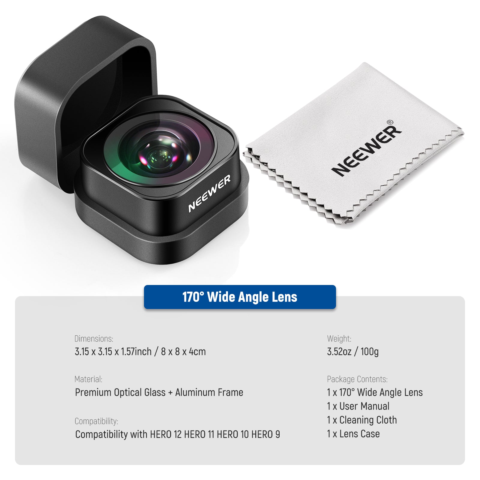 NEEWER LS 37 170° Ultra Wide Angle Lens for GoPro Hero 12/11/10/9 - Compatible with Action Cameras - Perfect for Vlogging, Travel & Adventure Photography
