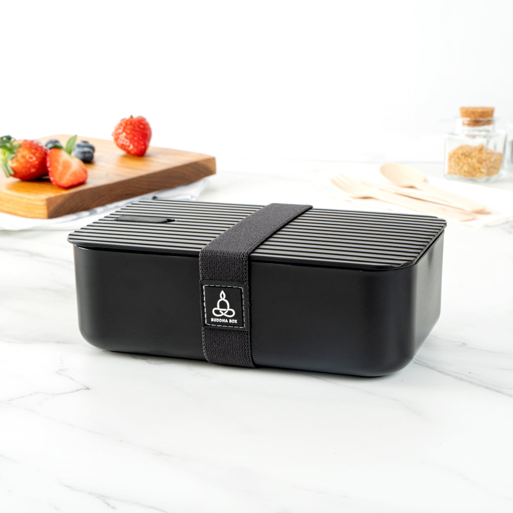 Bento Tek 34 oz Black Buddha Box Lunch Container with Black Lid - 7.5