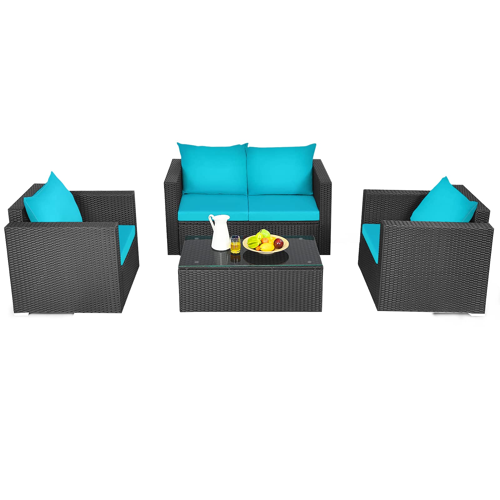 Tangkula 4-Piece Outdoor Patio Furniture Set - Rattan Wicker Sofa Sectional with Cushions & Tempered Glass Coffee Table - Turquoise Conversation Set for Garden, Backyard, Poolside & Courtyard Relaxation