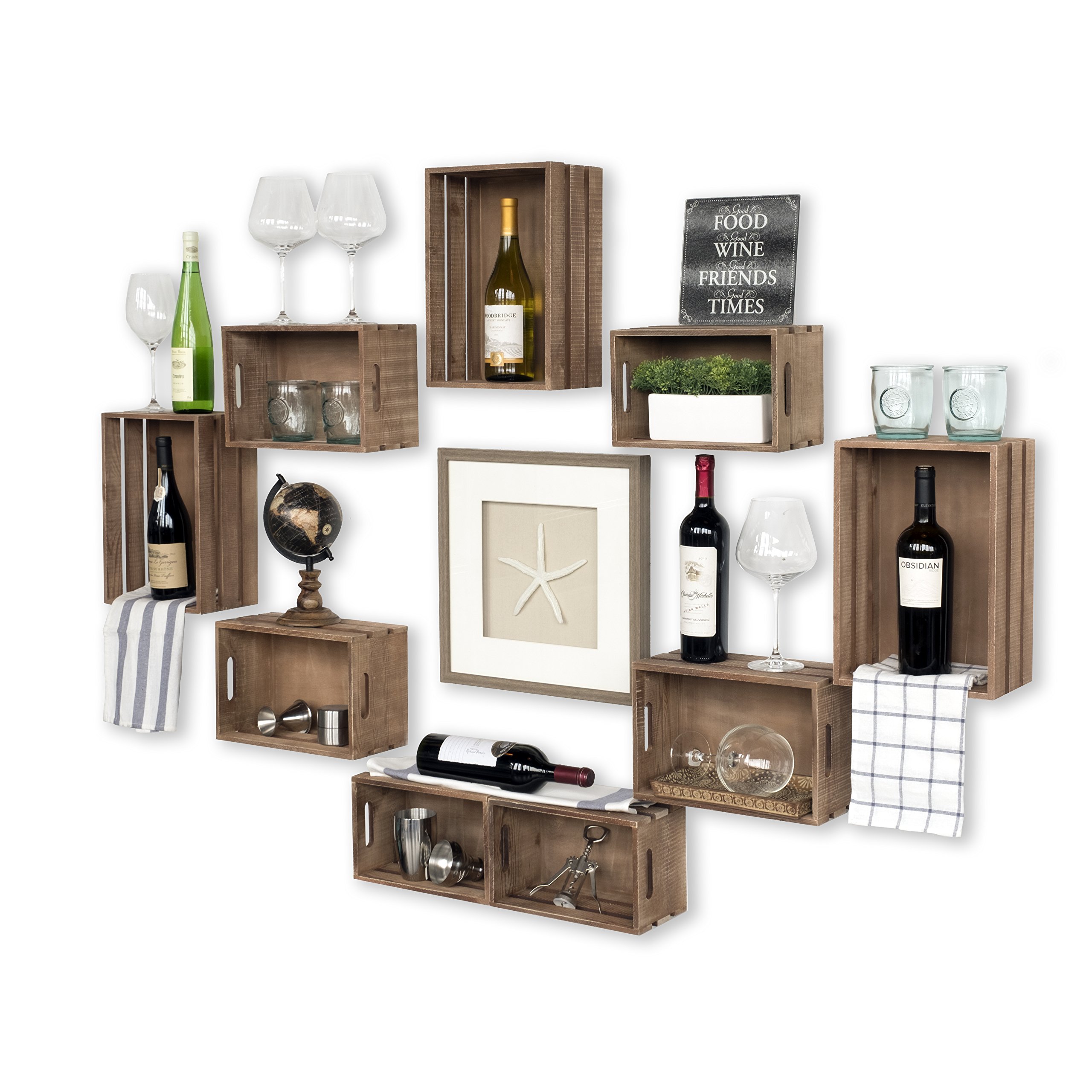 Rustic Wooden Wine Rack Wall Mount - Set of 9 Walnut Storage Baskets & Crates for Kitchen, Bar, or Dining Room Decor
