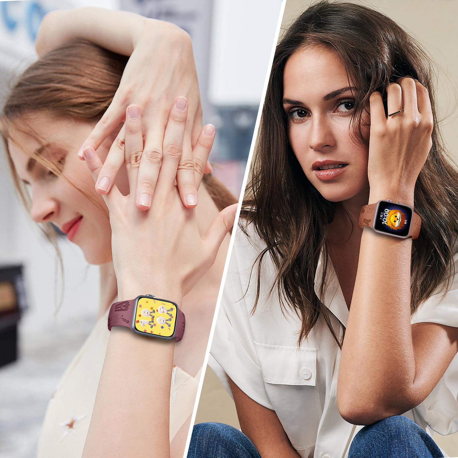 3 Pack Cute Cartoon Engraved Apple Watch Bands - Soft Silicone Strap Compatible with iWatch Series 8/7/6/SE/5/4/3/2/1/Ultra (38mm 40mm 41mm 42mm 44mm 45mm 49mm) - Fashion Wristband for Women & Girls - Perfect for Workouts, Daily Wear & Gift Giving