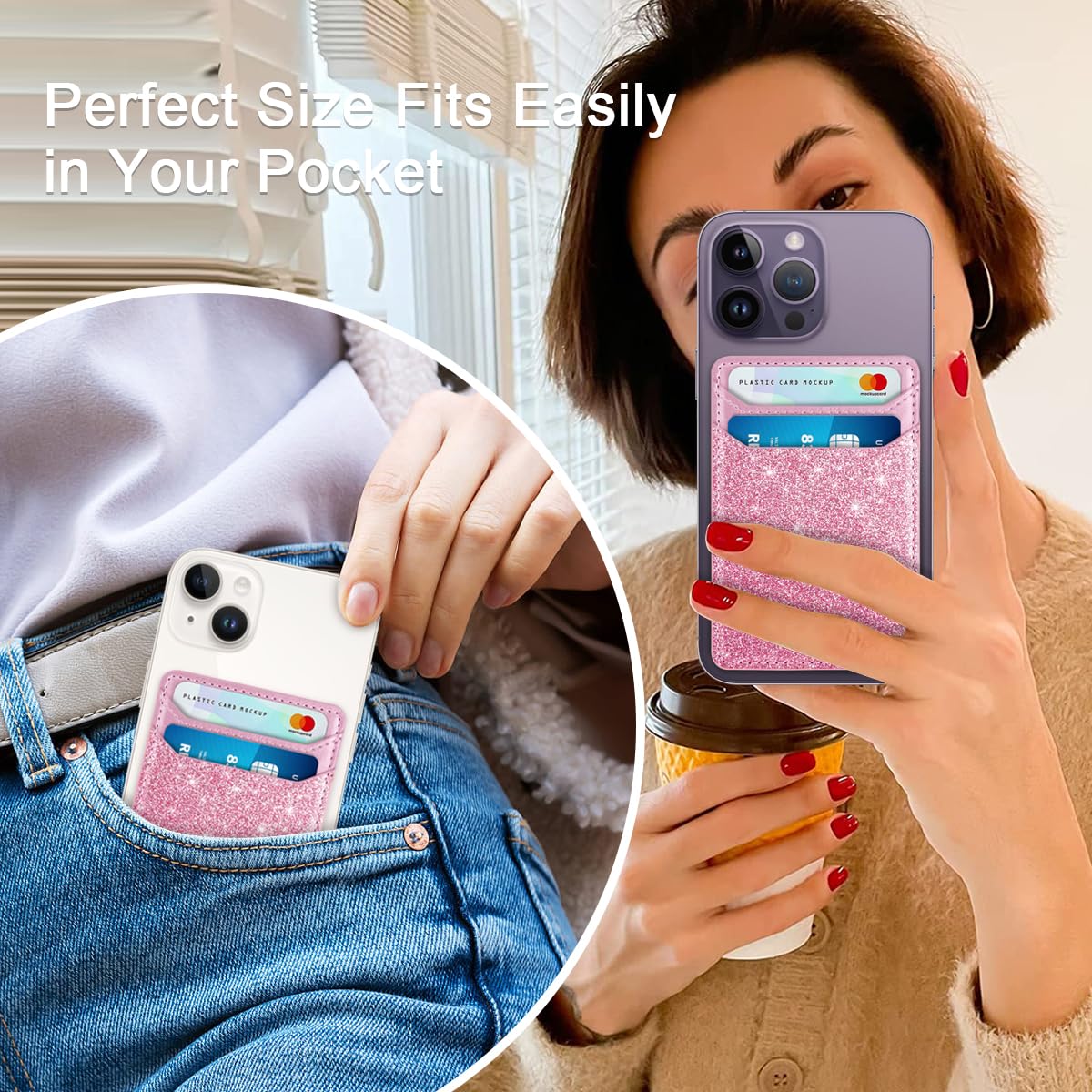 Self Adhesive Card Holder for Phone - Leather RFID Blocking Phone Wallet with Sticky Back - Credit Card Sleeve for Phone Case (Glitter Pink) - Perfect for Hands-Free Shopping & Contactless Payments
