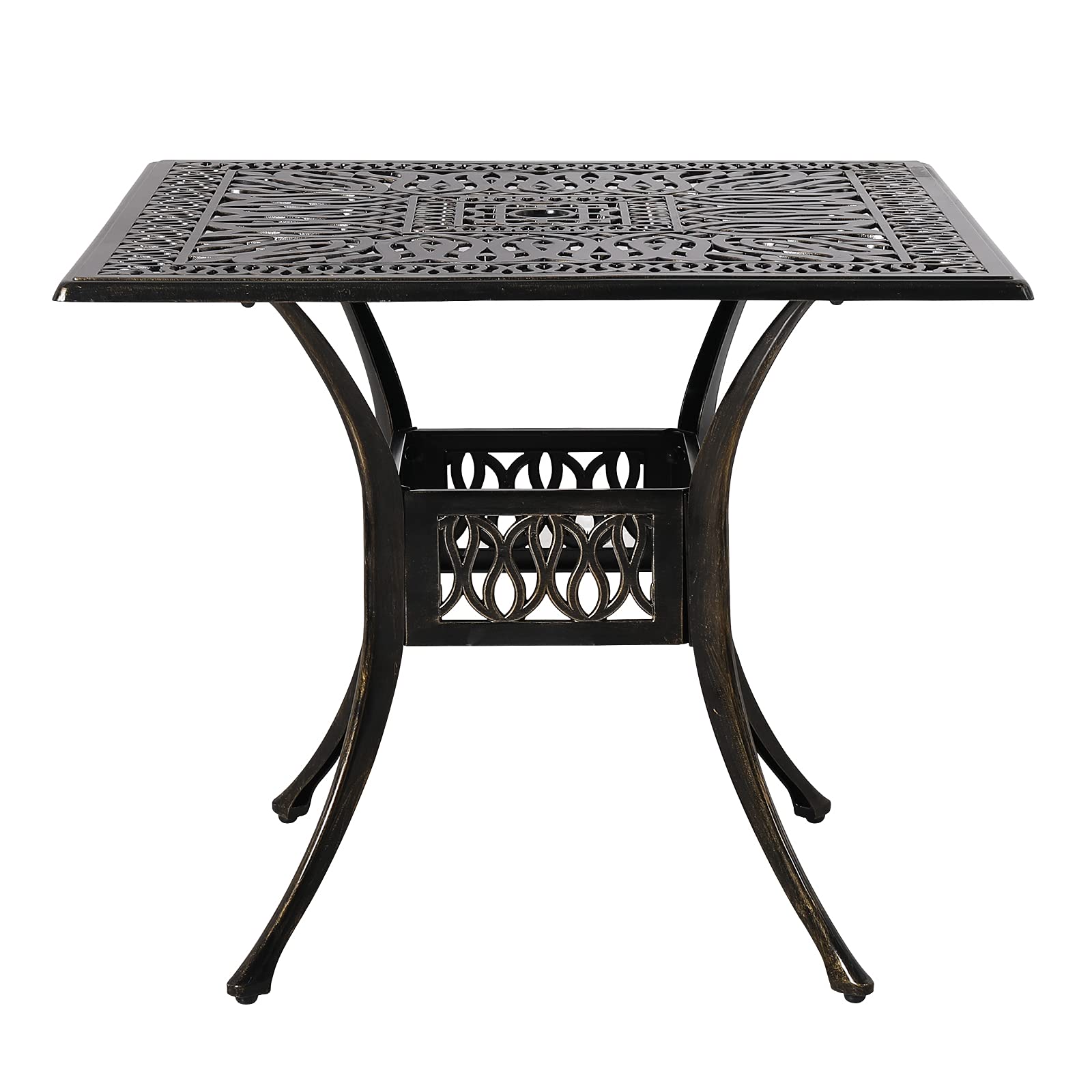 VIVIJASON 35.4 Inch Outdoor Patio Dining Square Table - Bronze Cast Aluminum Rustic Large Patio Table with Umbrella Hole - Perfect for Backyard, Garden, and Poolside Gatherings