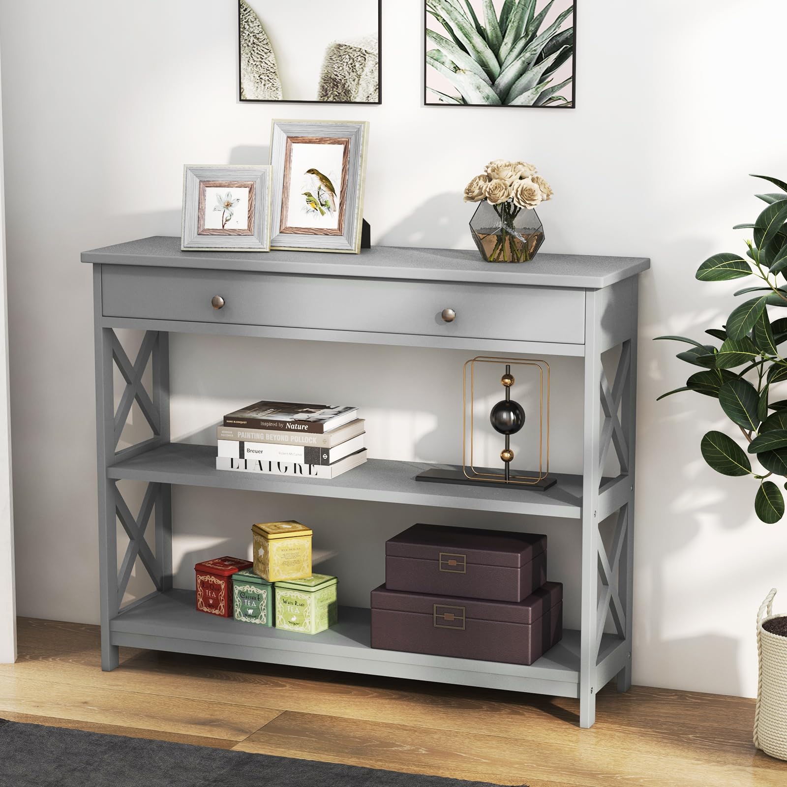 GOFLAME 3-Tier Narrow Sofa Table with Large Drawer & 2 Open Shelves, Modern Wooden Console Table for Entryway, Hallway & Living Room - Perfect for Small Space Storage & Home Decor (Grey)