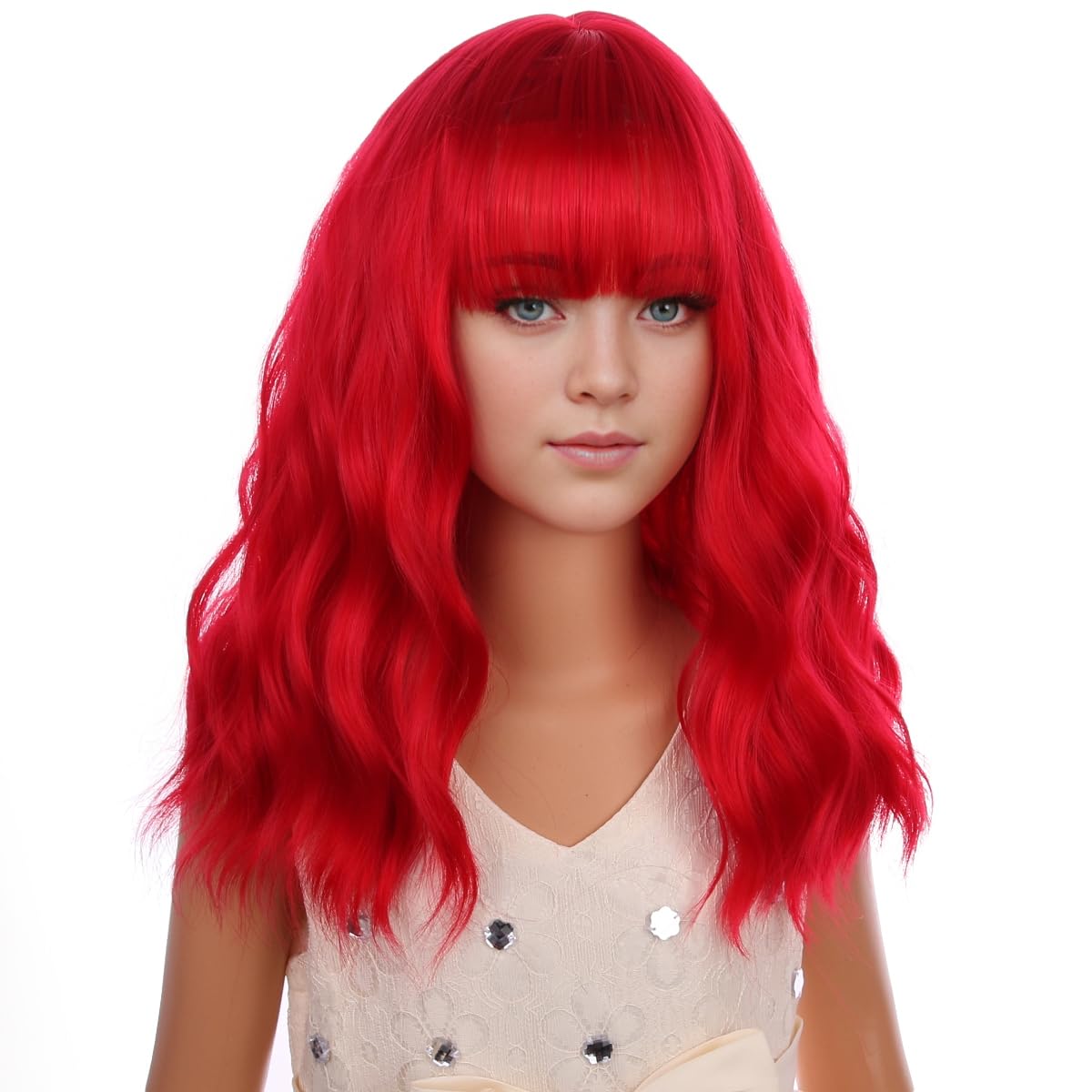 Kids Short Wavy Red Wig with Bangs - Heat Resistant Synthetic Hair Costume Wig for Girls - Perfect for Halloween, Cosplay & Dress-Up Parties