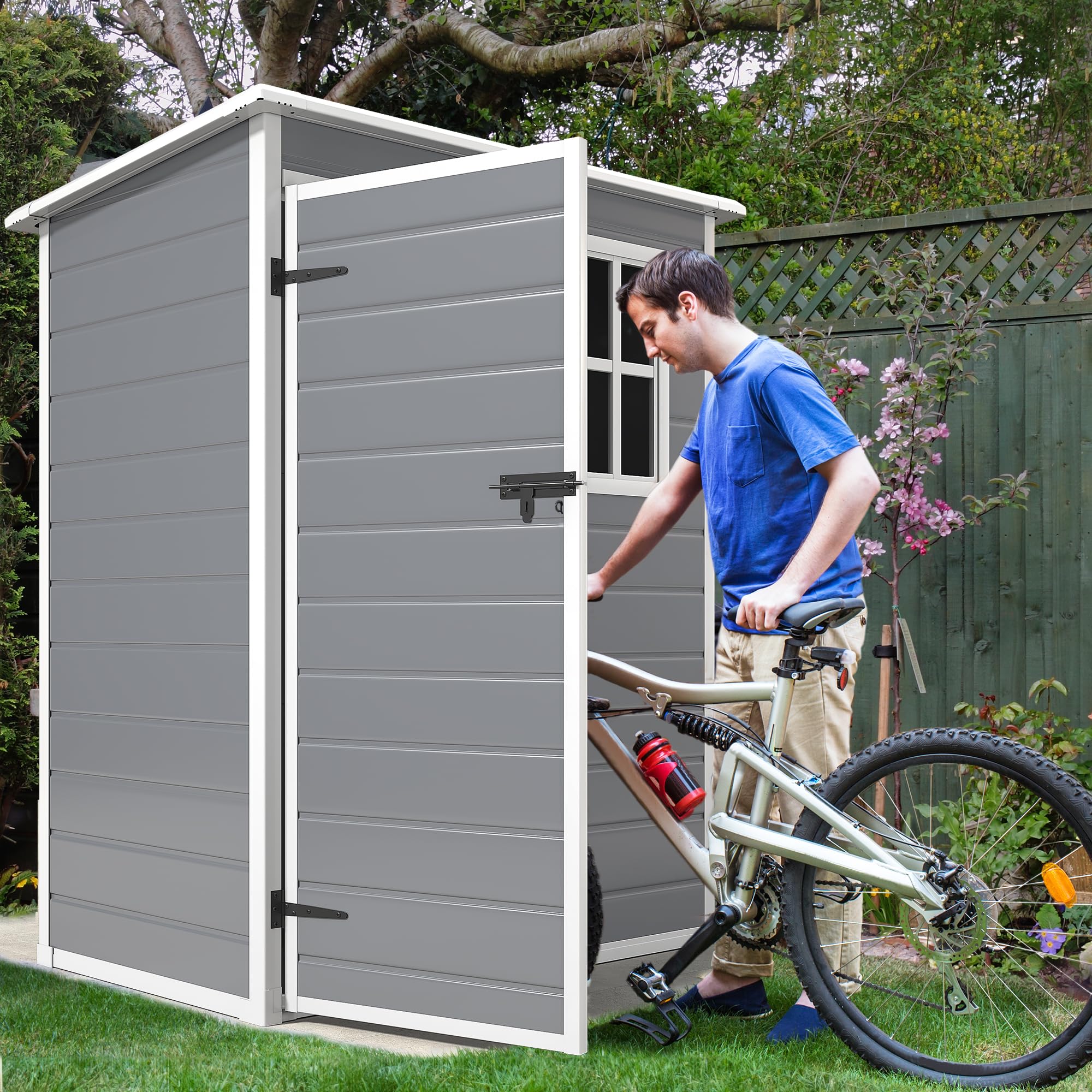DWVO 5x3ft Waterproof Resin Outdoor Storage Shed with Floor & Lockable Door - Heavy Duty Plastic Garden Shed with Window for Backyard, Patio, Lawn Tool Organization (Gray) - Perfect for Storing Lawn Mowers, Gardening Tools & Outdoor Equipment