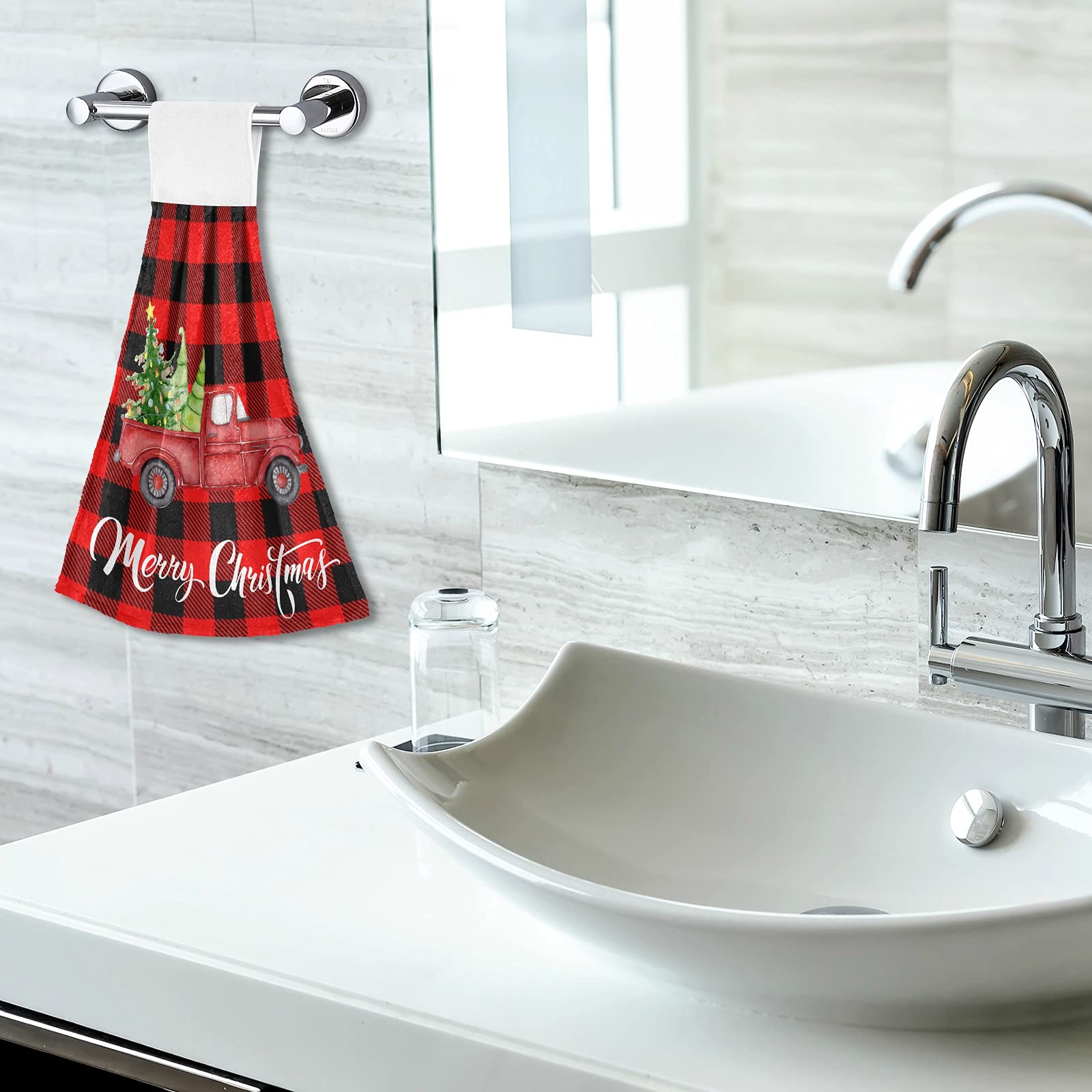 Boccsty Christmas Tree Truck Hanging Hand Towels - 2 Pack Winter Snowflake Kitchen Towels, Plaid Tartan Bathroom & Face Towels for Home Spa | Perfect for Holiday Decor, Kitchen Use & Bathroom Essentials