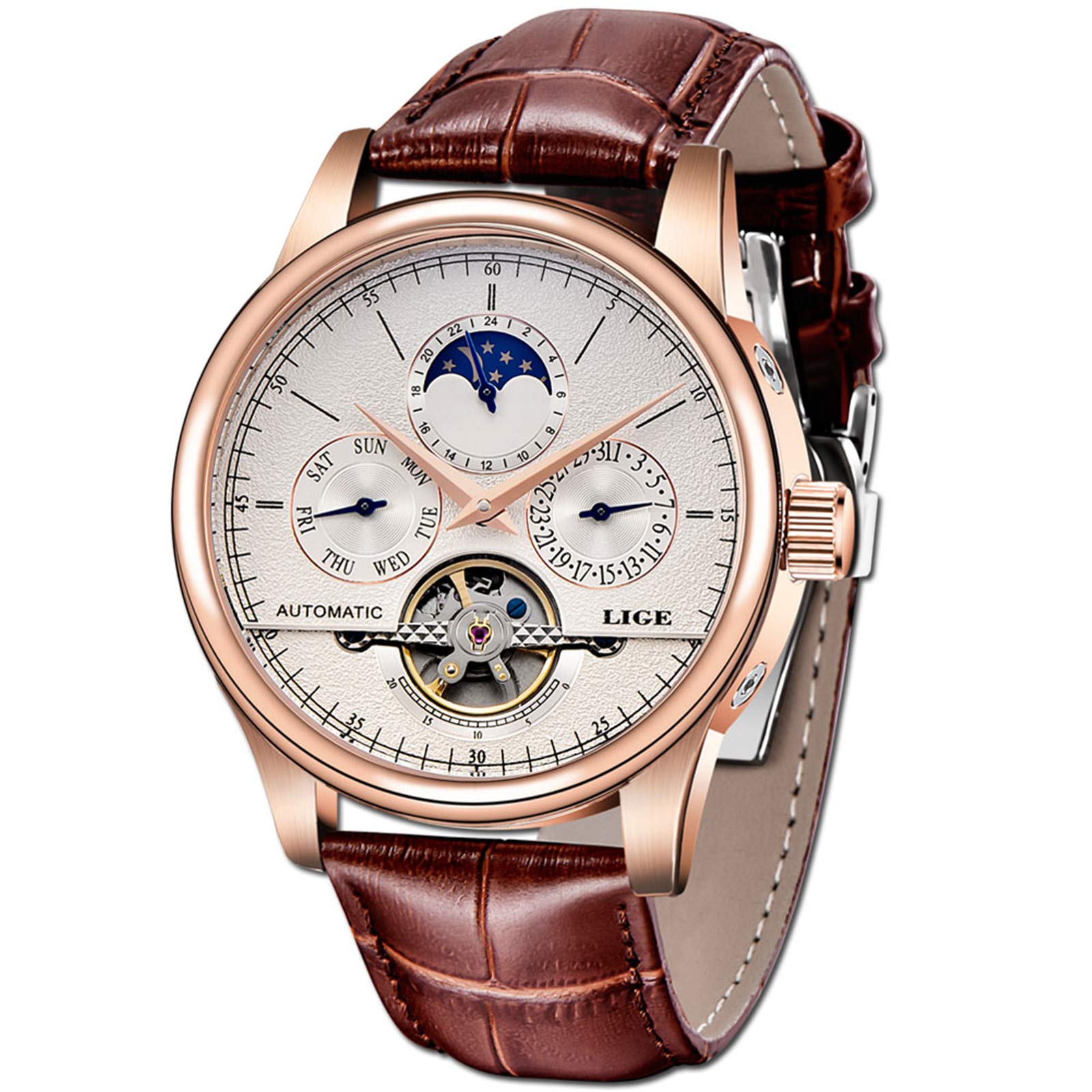 LIGE Waterproof Men's Luxury Automatic Mechanical Watch - Gold Stainless Steel Case with White Leather Strap - Dress Watch for Business, Office & Formal Occasions