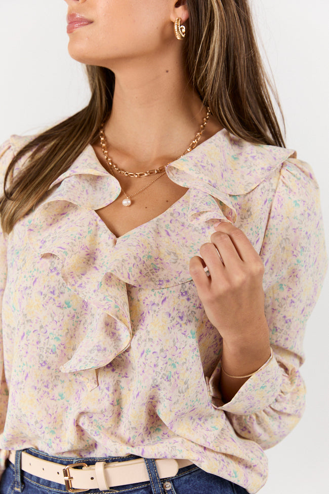 Pastel Floral Ruffle Trim Blouse for Women - Elegant Spring Summer Top - Perfect for Office, Date Night & Casual Outings
