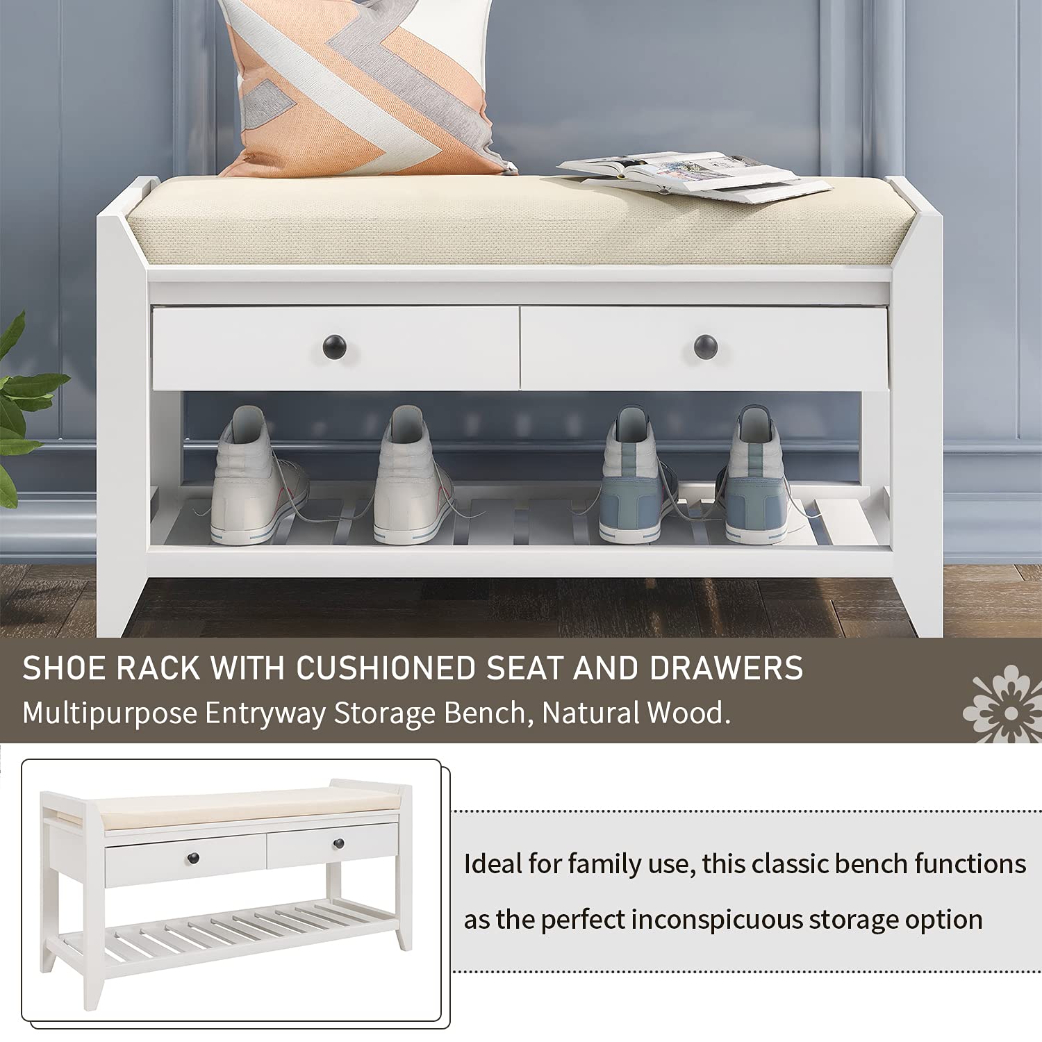 Multipurpose Storage Bench with Cushioned Seat & Drawers - White Entryway Shoe Rack Organizer for Hallway, Bedroom, or Mudroom Storage Solution