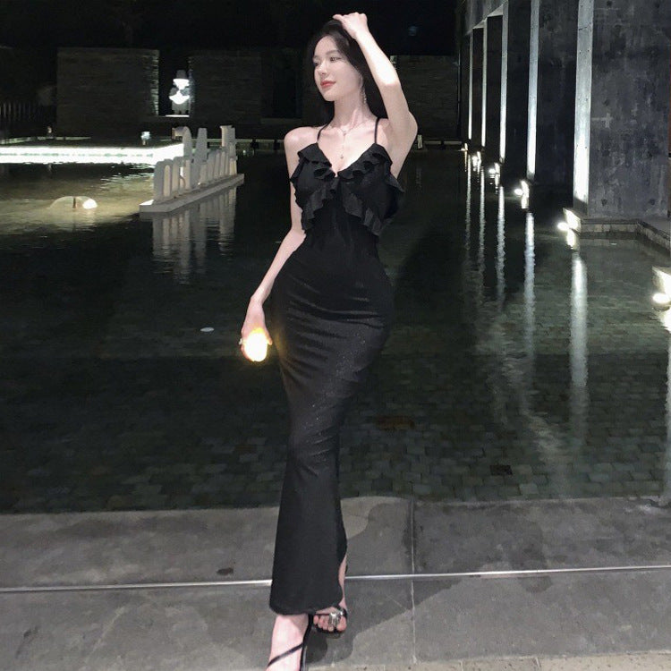 Elegant Black V-Neck Halter Mermaid Dress - French Retro Backless Long Evening Gown for Women | Perfect for Cocktail Parties, Weddings & Formal Events