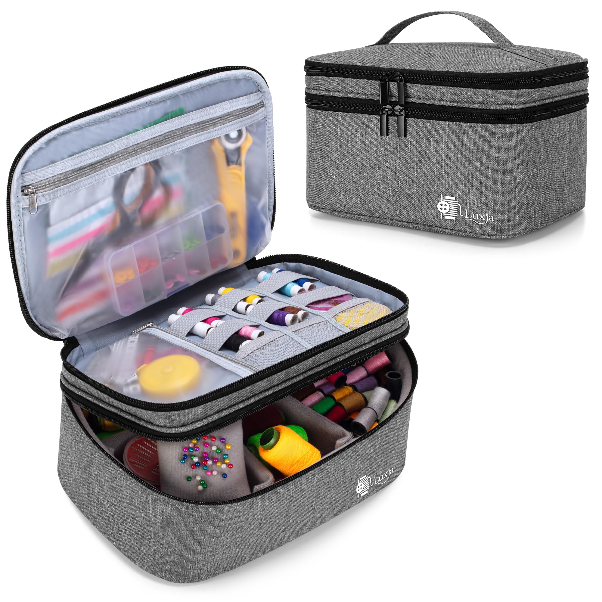 Luxja Double-Layer Sewing Accessories Organizer - Large Gray Storage Case for Needles, Thread, Scissors, Measuring Tape & Sewing Tools | Perfect for Home Sewing, Quilting, Craft Projects & Travel