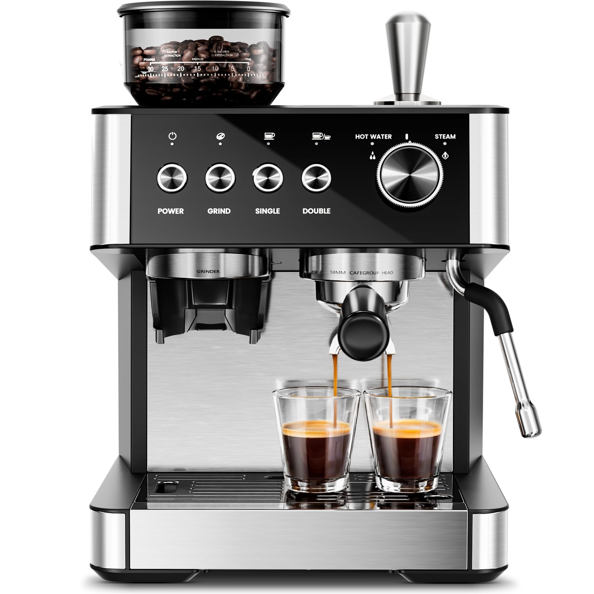 Kismile 20 Bar Professional Espresso Machine with Built-in Grinder, Removable Water Tank & Milk Frother - Perfect for Latte, Cappuccino - Ideal for Home, Office & Coffee Shops (Black)