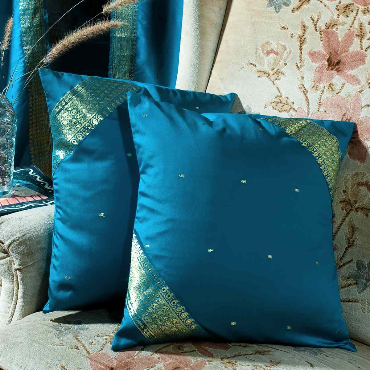 Handmade Turquoise Sari Cushion Covers Set of 2 - Boho Indian Throw Pillow Covers with Zipper 20x26 inches | Perfect for Living Room, Bedroom Decor & Bohemian Home Styling