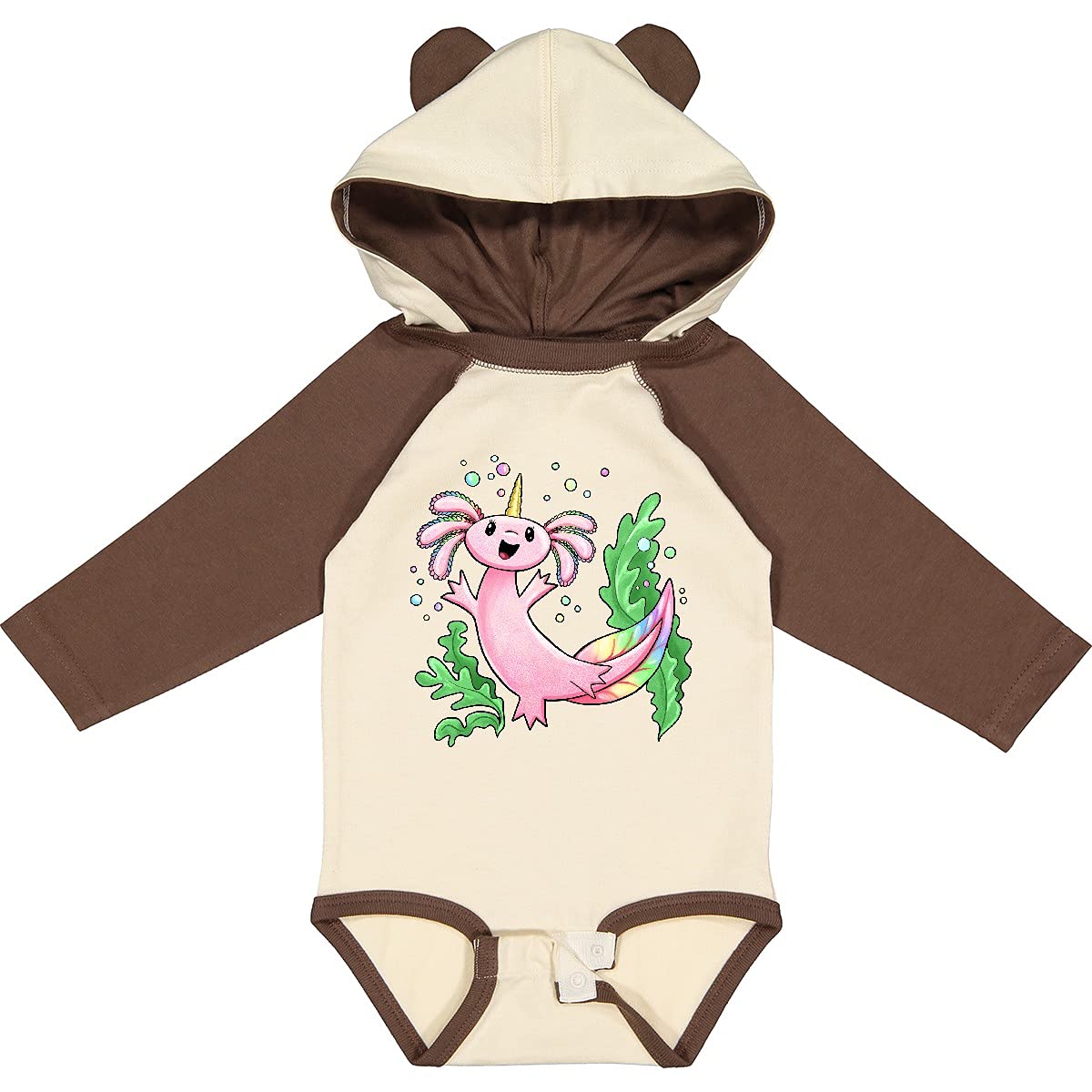 Inktastic Axolotl Unicorn with Rainbow Tail & Bubbles - Long Sleeve Creeper Baby Bodysuit for Boys & Girls | Cute Kawaii Outfit for Birthday, Photoshoot & Nursery Fashion