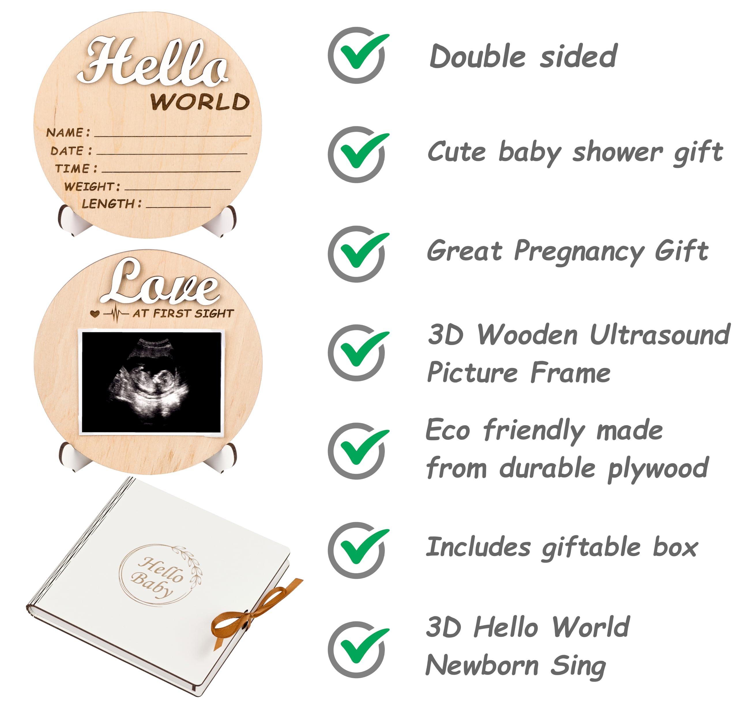 Ultrasound Photo Frame - Double Sided 3D Baby Announcement Sign, Pregnancy Gift for New Parents, Neutral Baby Shower Present, Newborn Hospital Sign, Hello World Keepsake for Nursery Decor & Gender Reveal