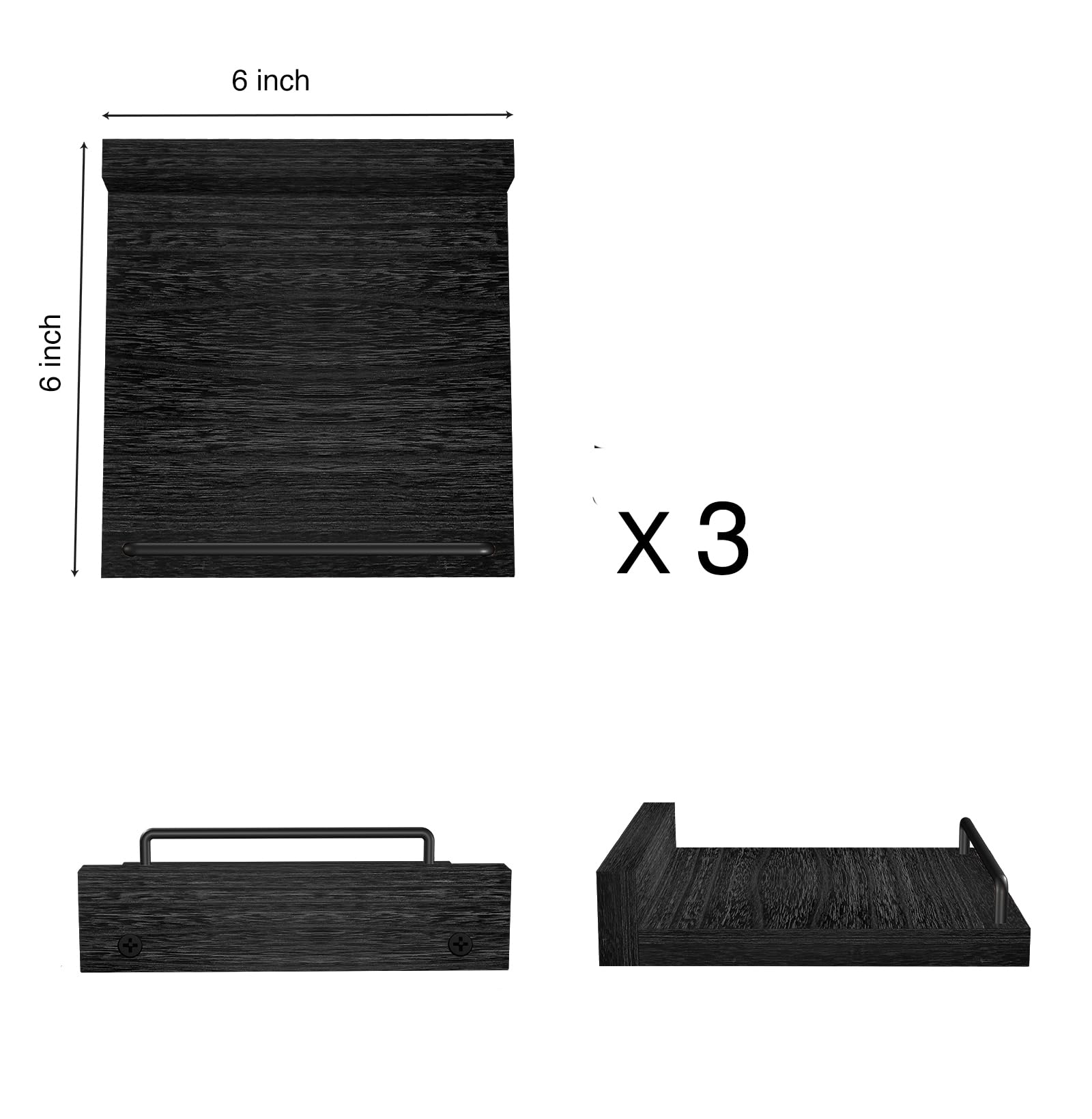 6 x 6 Inch Small Floating Shelf Set of 3 - Rustic Farmhouse Wall Shelves for Living Room, Bedroom, Kitchen - Perfect for Picture Frames, Plants, Decor & Storage - Black Wall Mounted Shelves for Home Organization