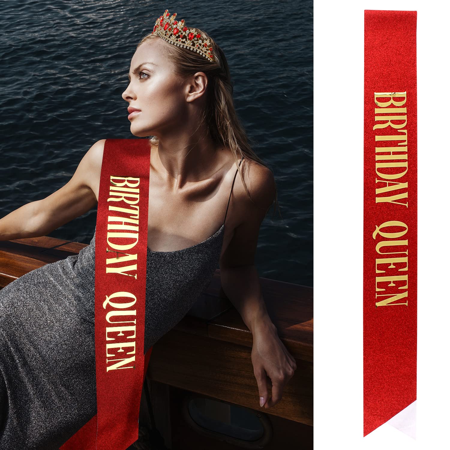 Elegant Women's Birthday Crown & Tiara Set - Red Velvet Queen Sash & Birthday Accessories for Women - Perfect for Birthday Parties, Bachelorette Celebrations & Special Occasions