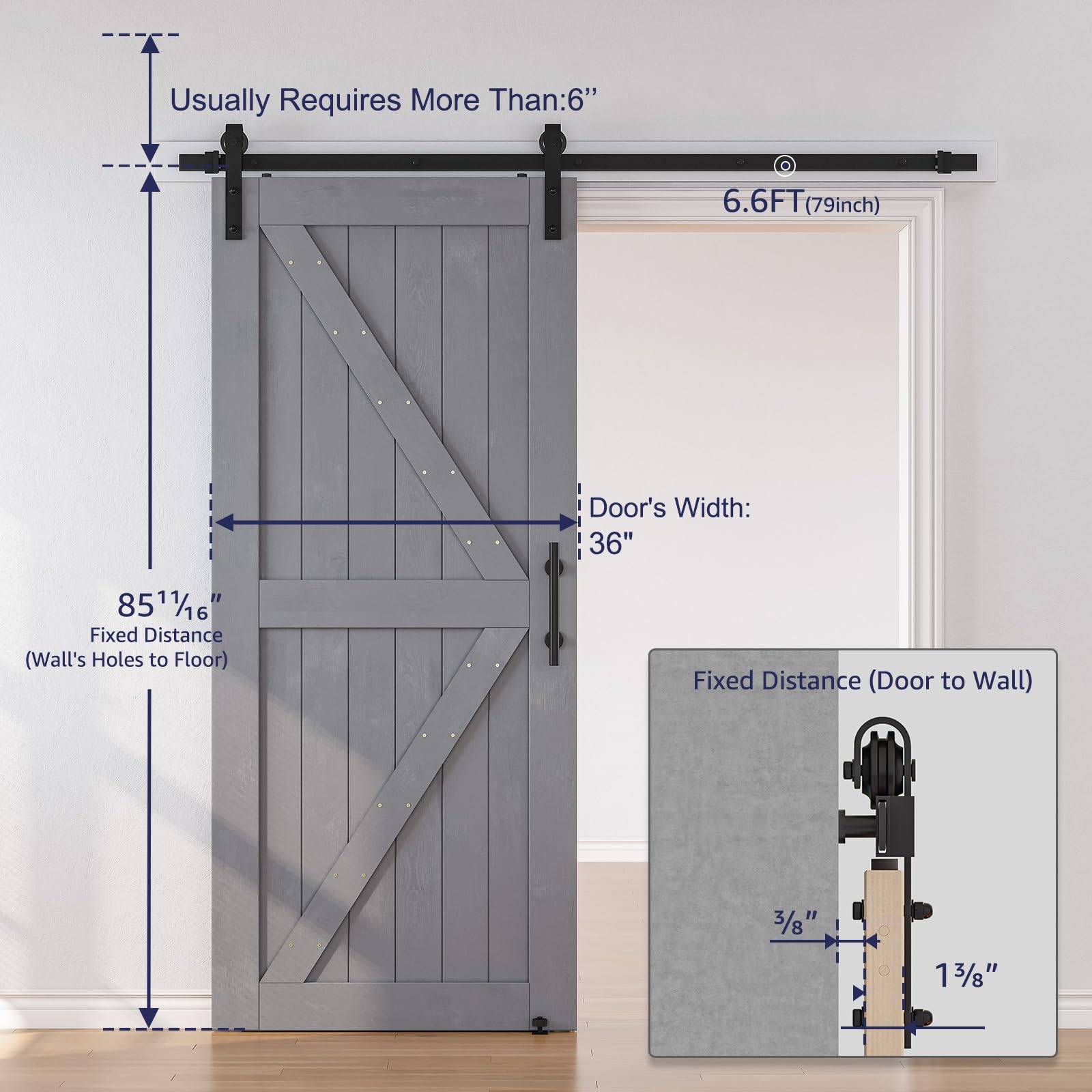 SMARTSTANDARD 36x84 Inch Sliding Barn Door Kit with 6.6ft Hardware & Handle - Unfinished Solid Spruce Wood Panel, Pre-Drilled K-Frame Design, Easy DIY Assembly (Grey) - Perfect for Bedroom, Closet, or Farmhouse Style Home Decor