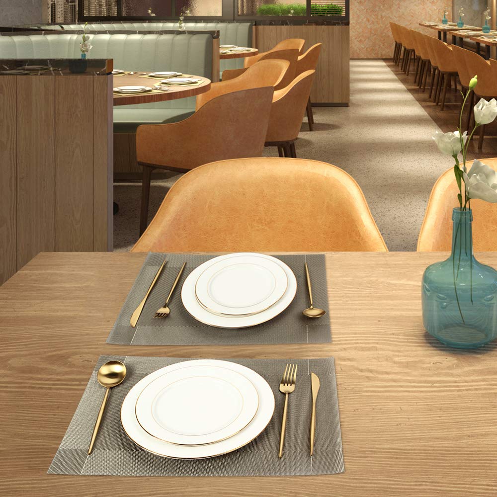 DACHUI Heat-Resistant PVC Placemats Set of 6 - Stain Proof, Non-Slip, Washable Vinyl Table Mats for Dining Room, Kitchen, Coffee Shop (Coffee-Cross Woven Design) - Perfect for Daily Meals, Parties & Restaurant Use