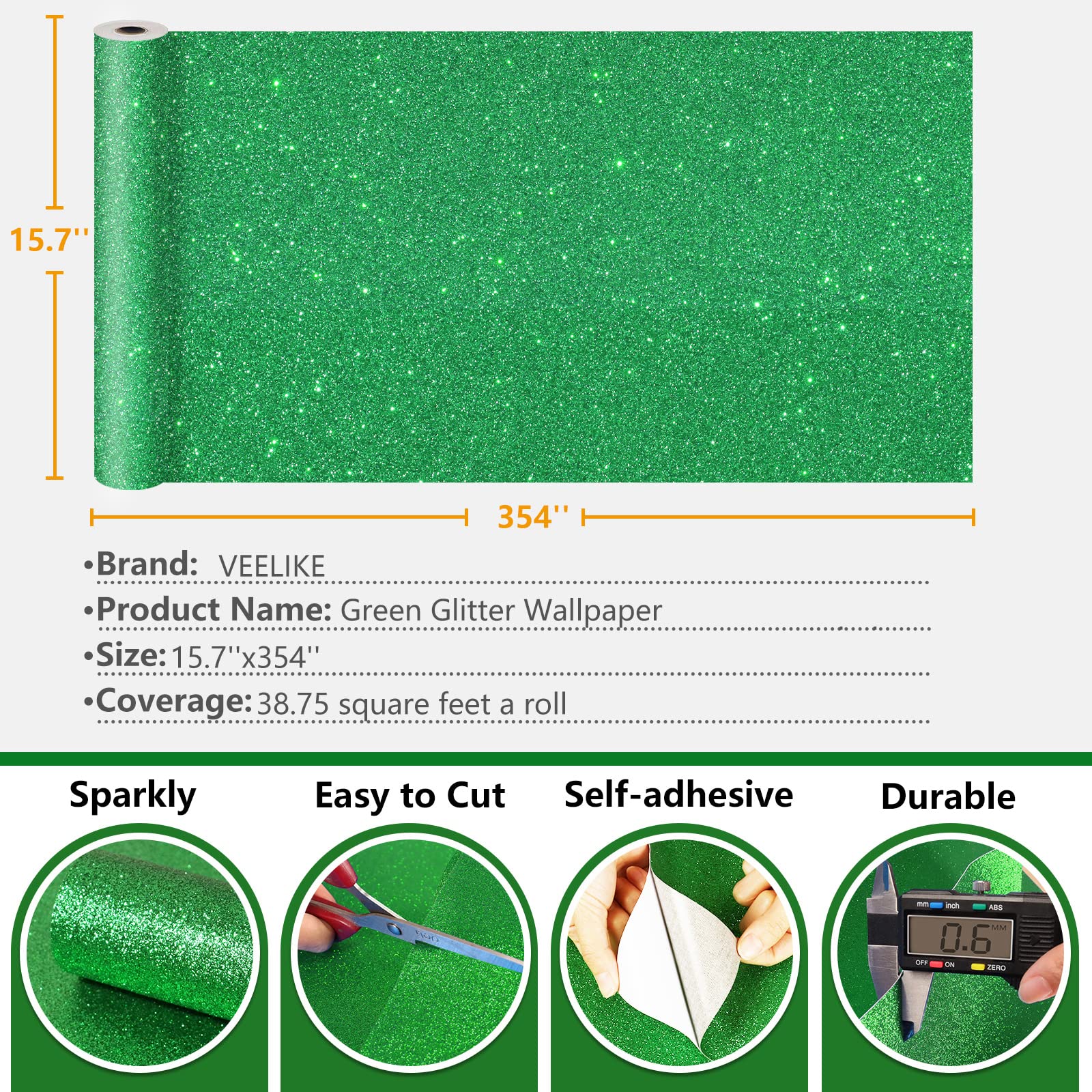 VEELIKE Green Glitter Peel and Stick Wallpaper - 15.7