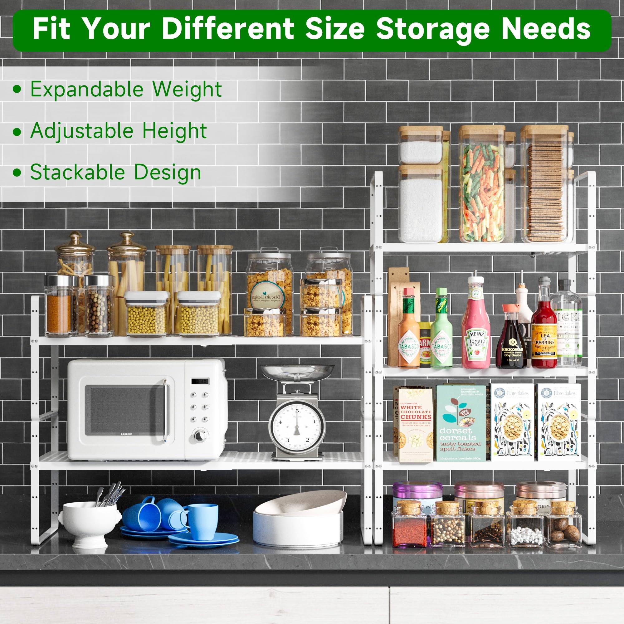 Expandable Kitchen Cabinet Organizer - Heavy Duty Metal Spice Rack, Stackable Counter Storage Shelf for Pantry, Bathroom & Kitchen - Adjustable from 16.5