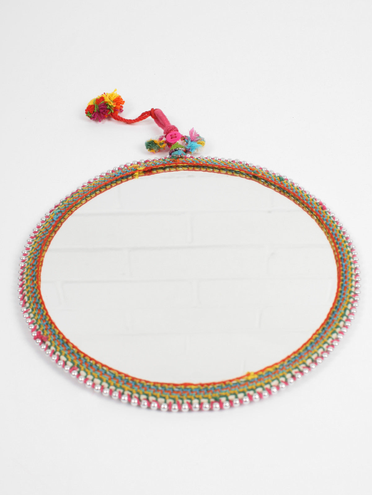 Boho Beaded Wall Mirror - Silver Round Decorative Mirror for Bedroom, Living Room, Bathroom Decor