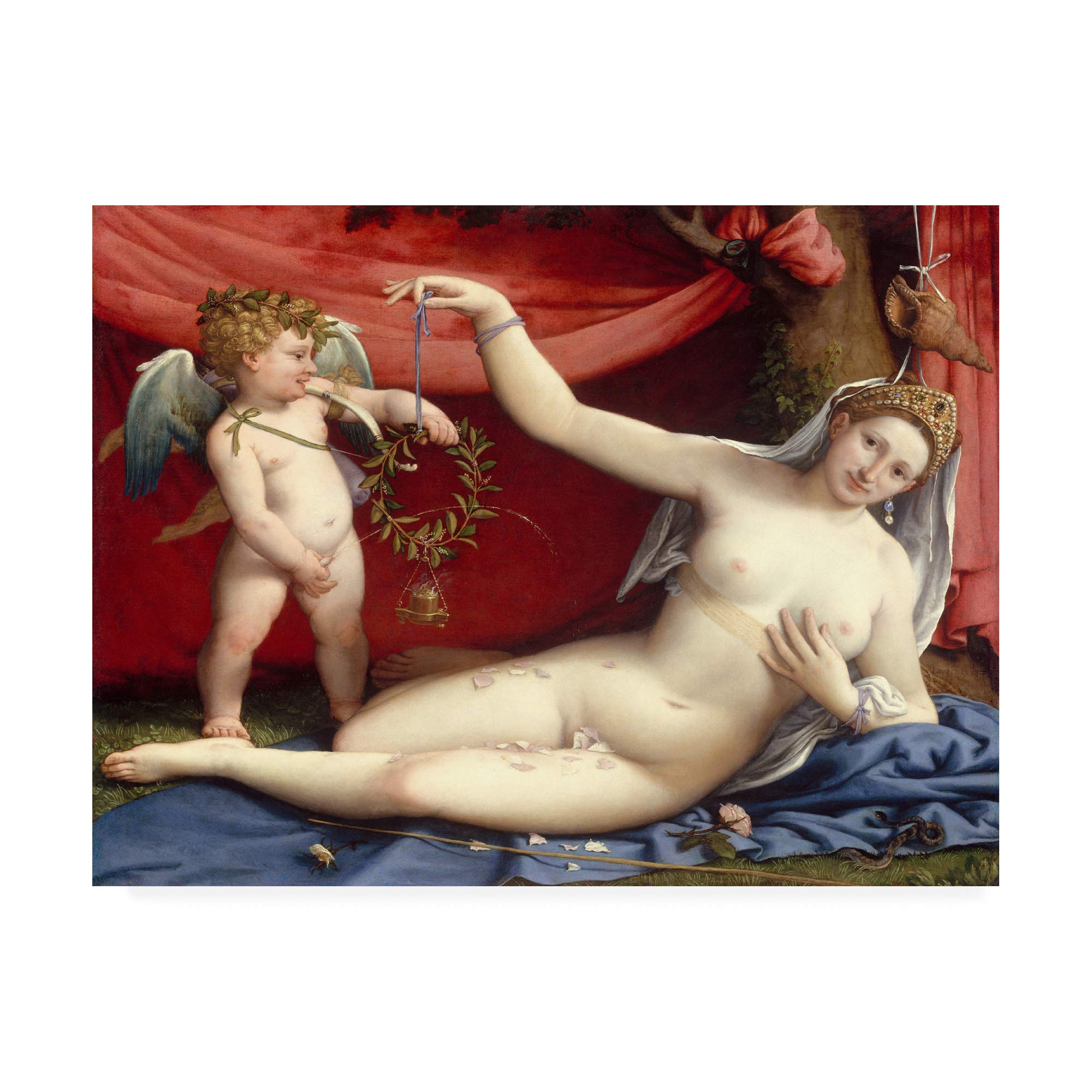 Trademark Fine Art Venus and Cupid Over Curtains by Lorenzo Lott - 35x47 Inch Canvas Wall Art - Renaissance Painting Reproduction - Perfect for Living Room, Bedroom & Office Decor