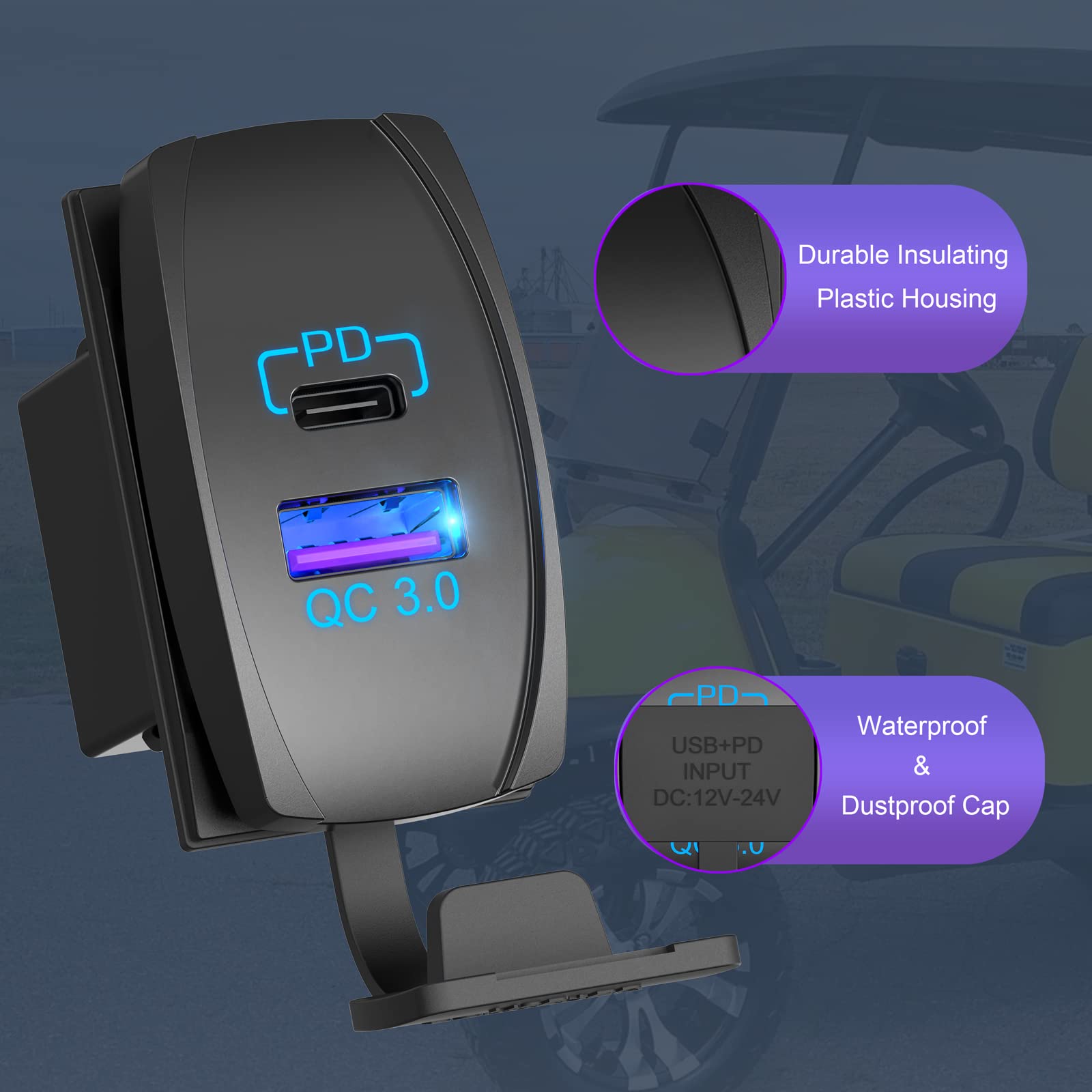 18W Quick Charge 3.0 & PD 20W USB Rocker Switch Charger with LED - Fast Charging for RV, Boat, Marine, Truck, UTV - Perfect for Road Trips & Outdoor Adventures