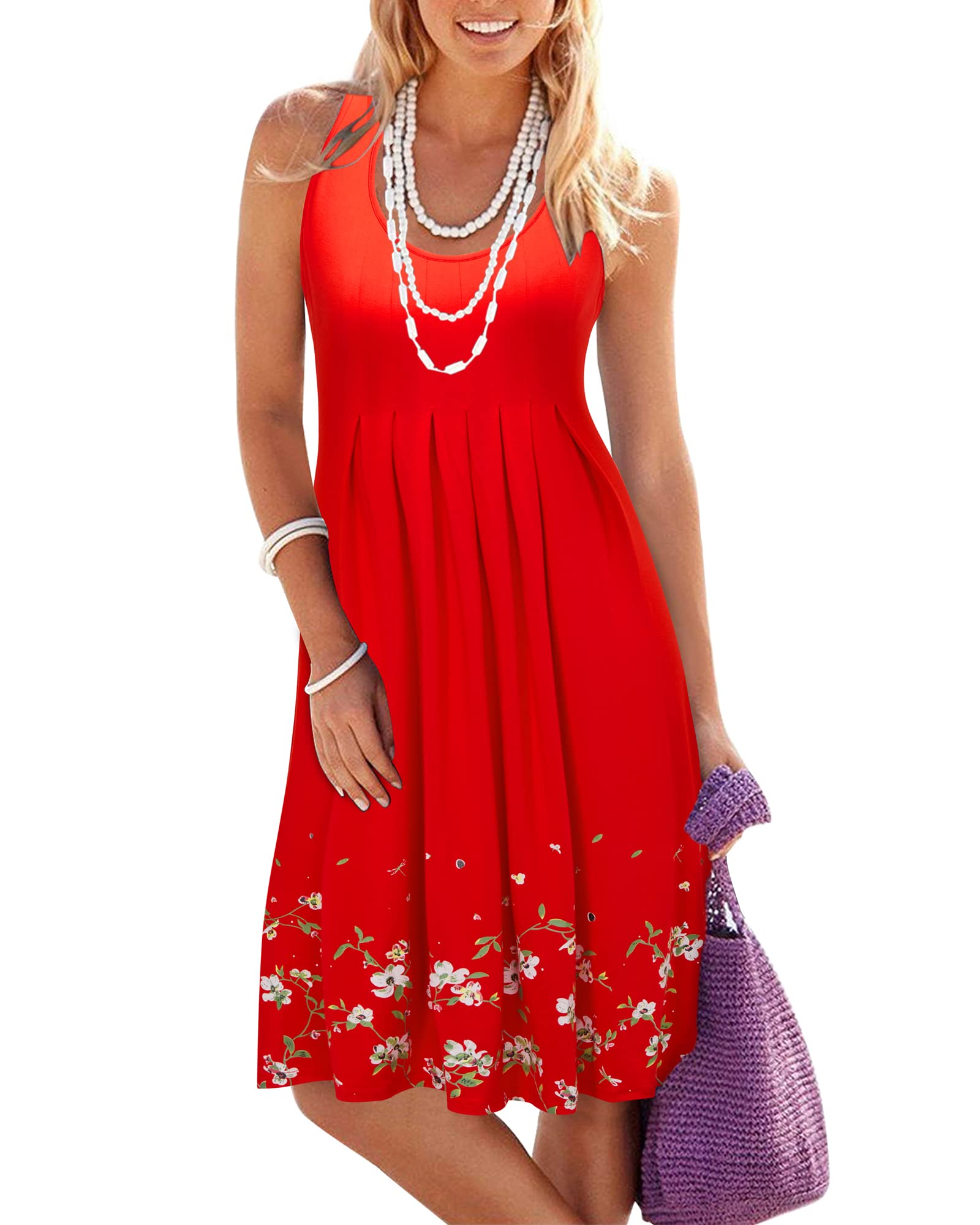 KILIG Women's 2023 Floral Print Pleated Sleeveless Midi Vest Sun Dress - Casual Loose Beach Dress for Summer, Wedding & Party Occasions