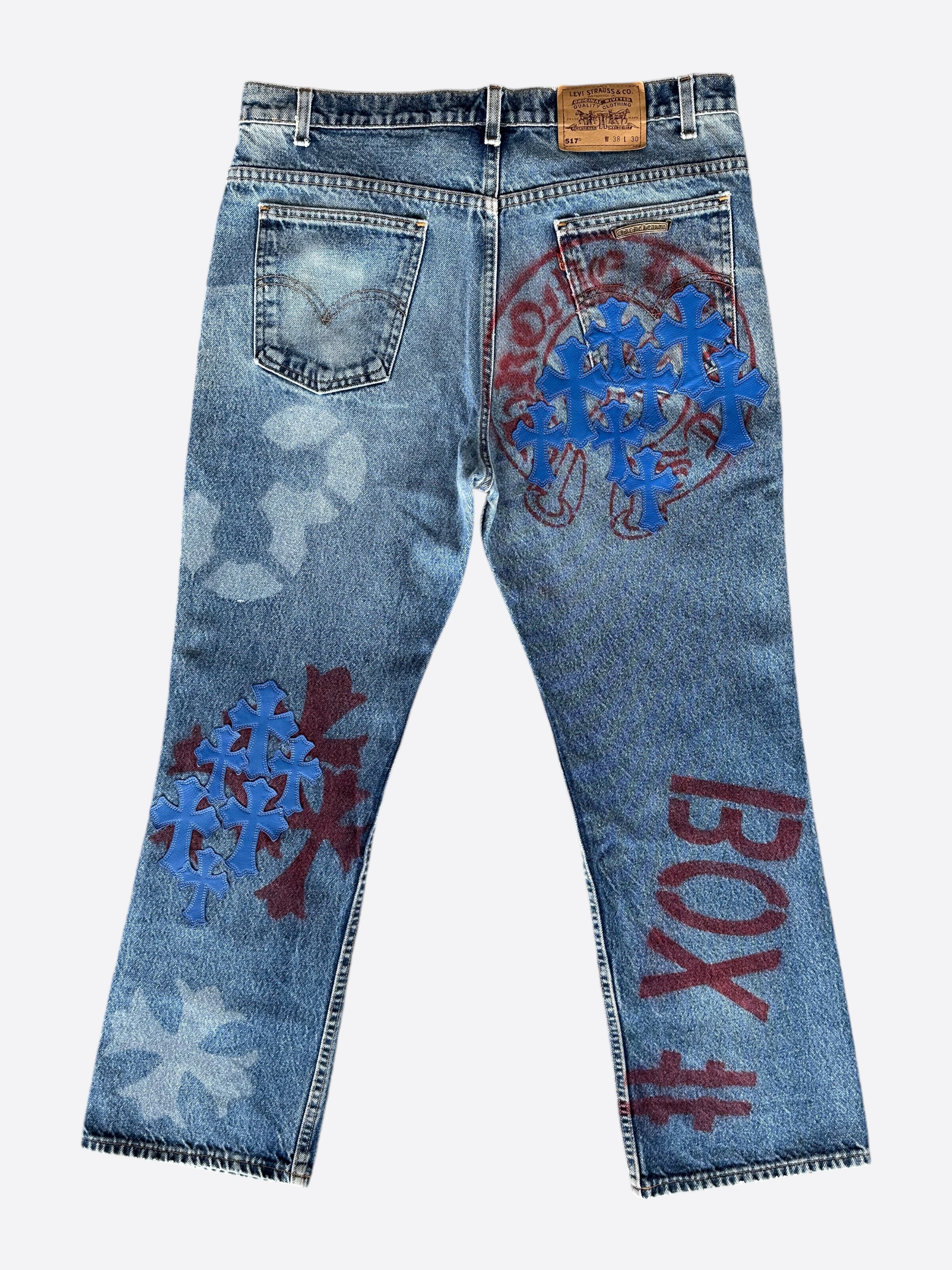 Chrome Hearts x Levi's Blue Cross Patch Stencil Jeans - Vintage Distressed Denim Pants for Men & Women | Perfect for Streetwear, Casual Outfits, and Fashion Statements