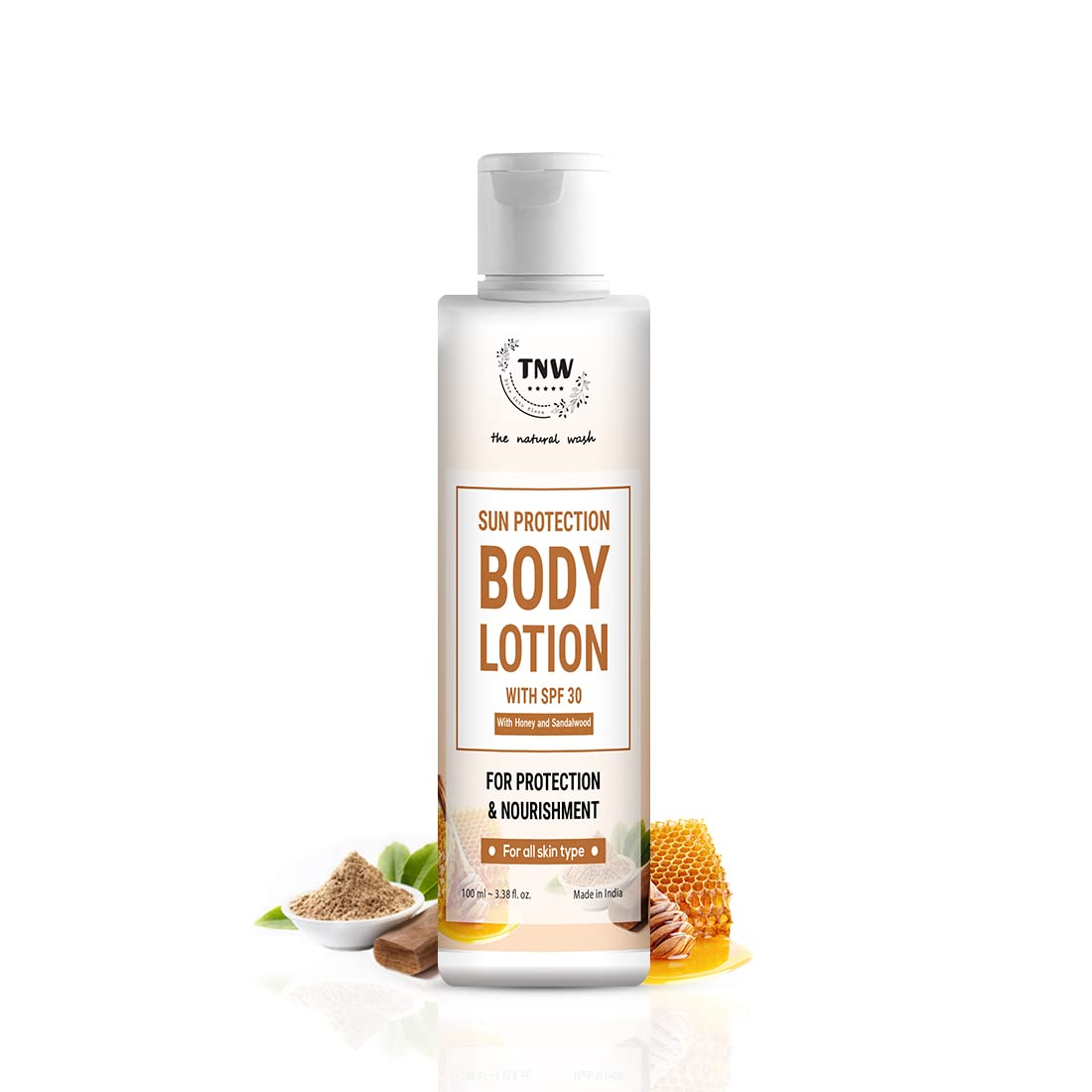 TNW - The Natural Wash SPF 30 Sun Protection Body Lotion with Sandalwood & Honey | 100ml | Moisturizing & UV Protection for Outdoor Activities, Beach & Daily Use
