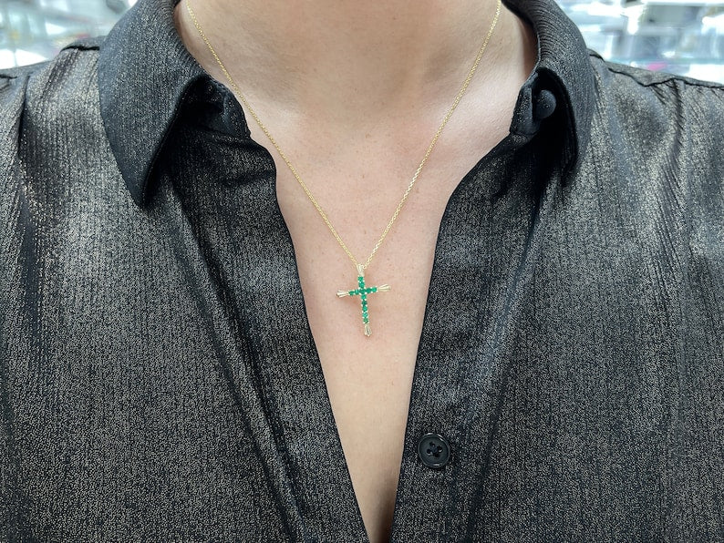 0.95tcw Zambian Emerald Bluish Green Cross Pendant in 18K Gold - Perfect for Religious Gifts, Baptism, First Communion & Spiritual Jewelry Collection