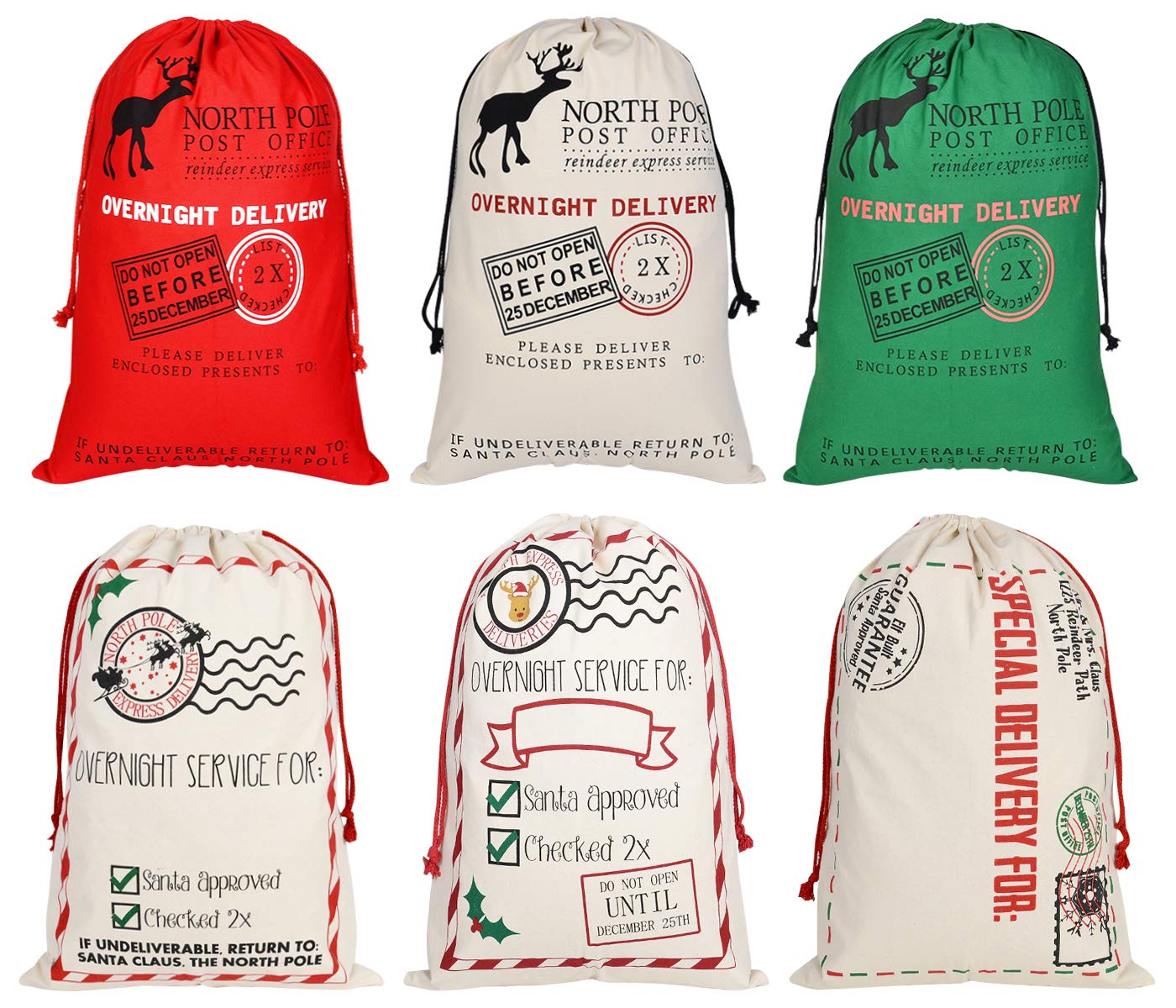 6 Pack Extra Large Christmas Santa Sacks - 27.5x19.7