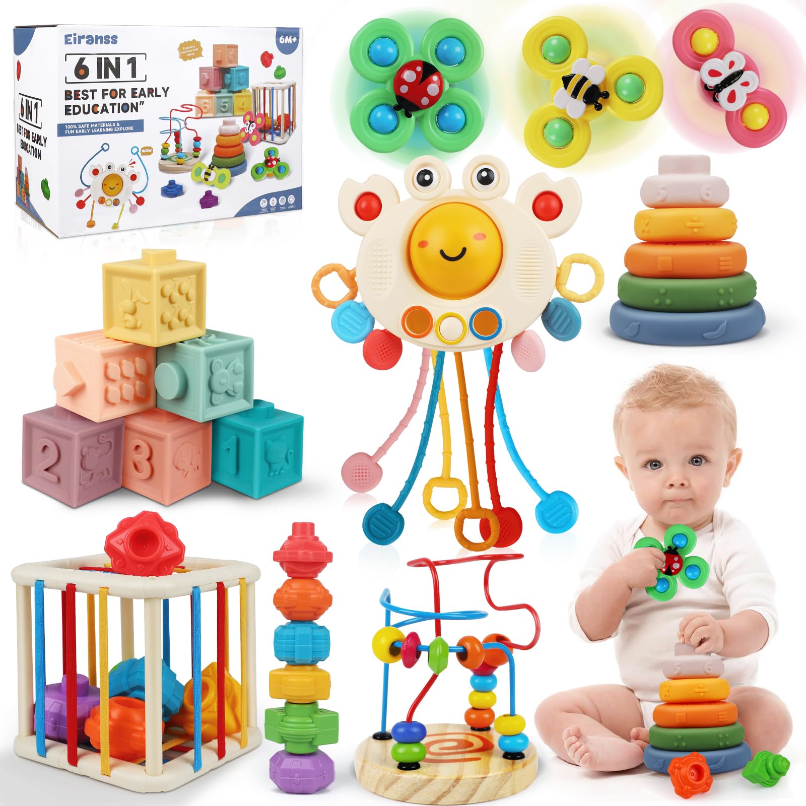 Montessori Baby Toys 6-12 Months - 6-in-1 Sensory Learning Toy with Stacking Blocks, Bead Maze & Teether for Toddlers 1-3 Years | Early Education Developmental Toy for Boys & Girls | Perfect for Daycare, Playtime & First Birthday Gifts