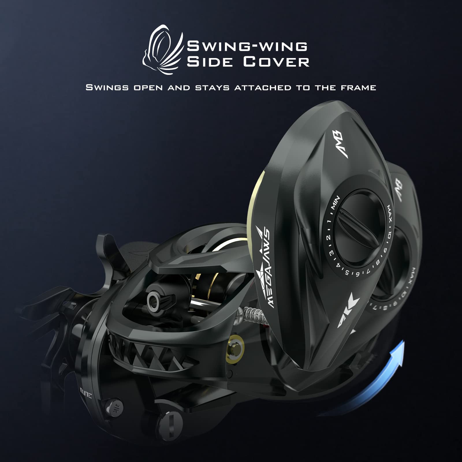 KastKing MegaJaws Elite Baitcasting Fishing Reel - Patented AMB System Eliminates Backlashes, Lightweight 6.4oz Aluminum Frame with Carbon Fiber Side Covers, Flipping Switch Function - Perfect for Bass Fishing, Saltwater Fishing, and Tournament Angling