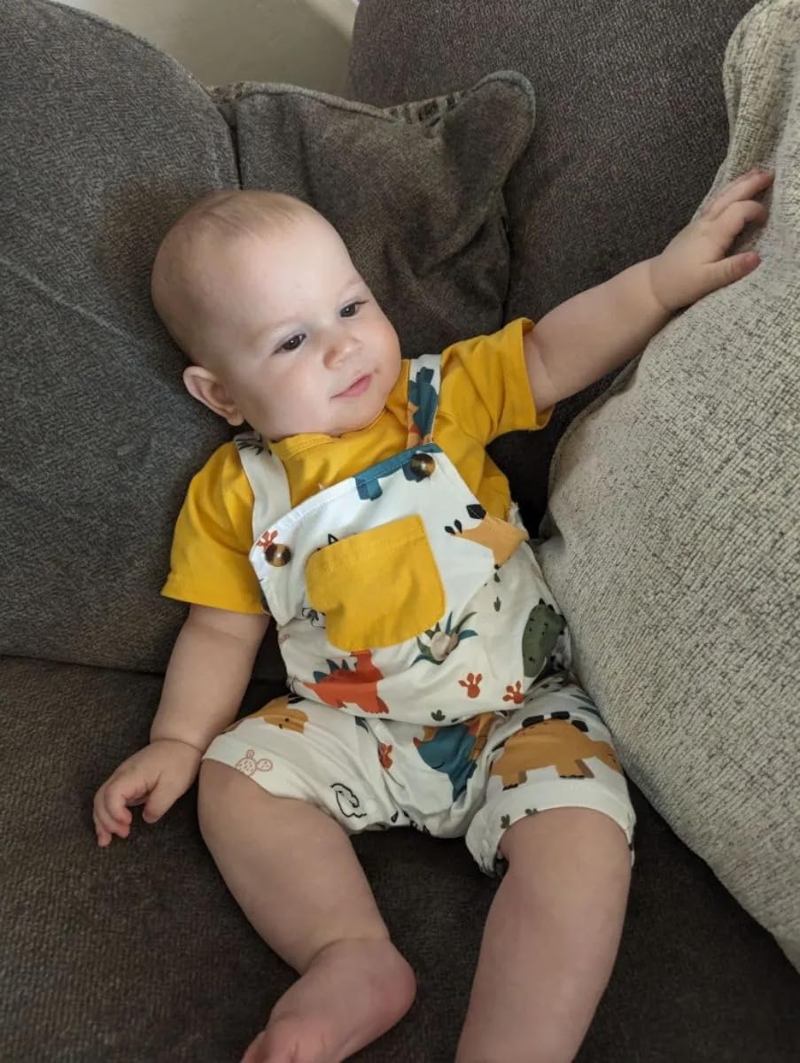 **Baby Boy Summer Outfit - Dinosaur Print Short Sleeve T-Shirt & Romper Set | Cute Infant Clothes for Playtime, Beach & Outdoor Activities**