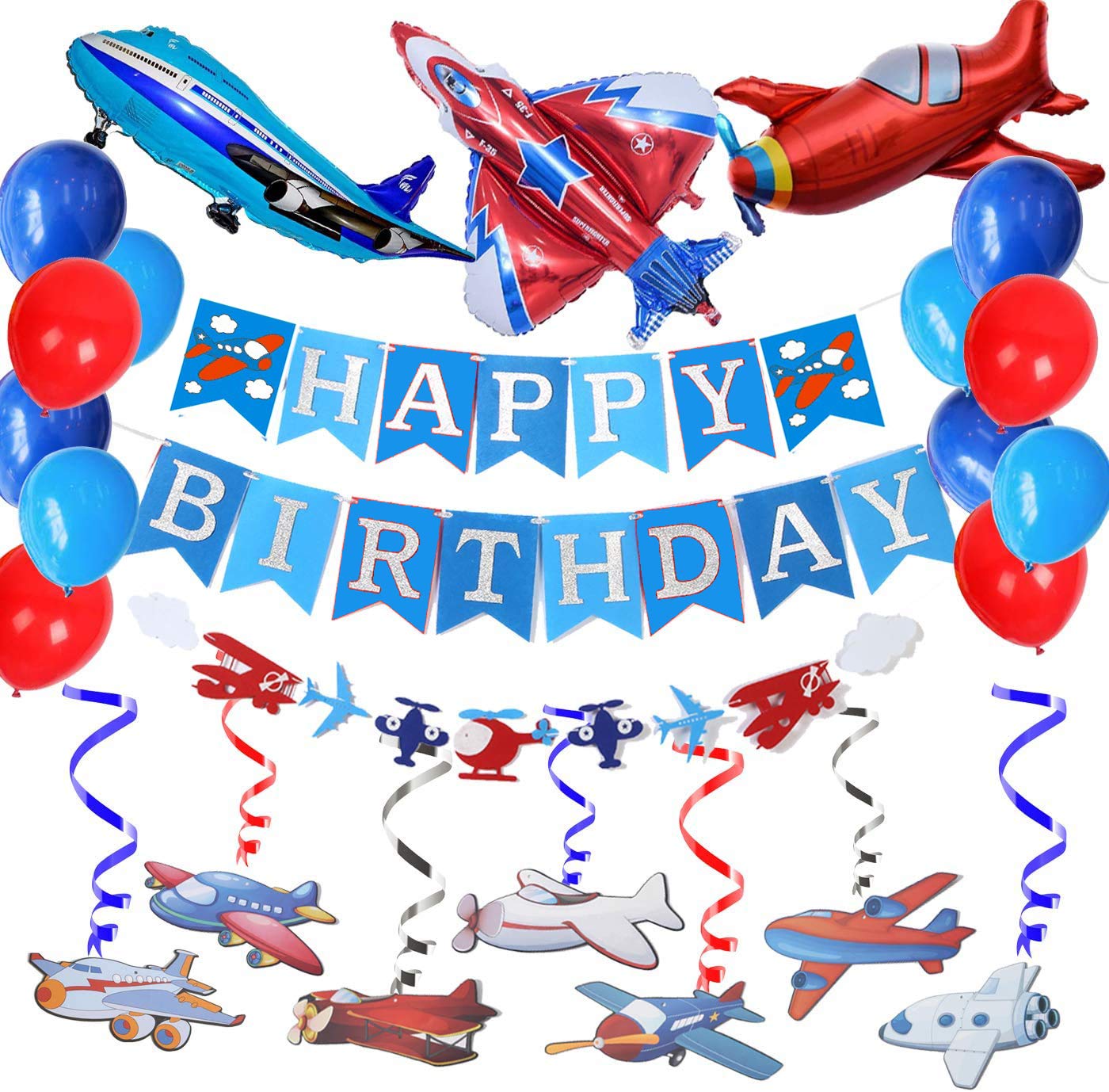 Silver Glitter Airplane Aviator Themed Birthday Party Decorations - 30ct Hanging Airplane Swirls, Foil Balloons & Happy Birthday Banner for Aviation Theme Parties | Perfect for Kids' Birthday, Baby Shower & Aviation Enthusiast Celebrations