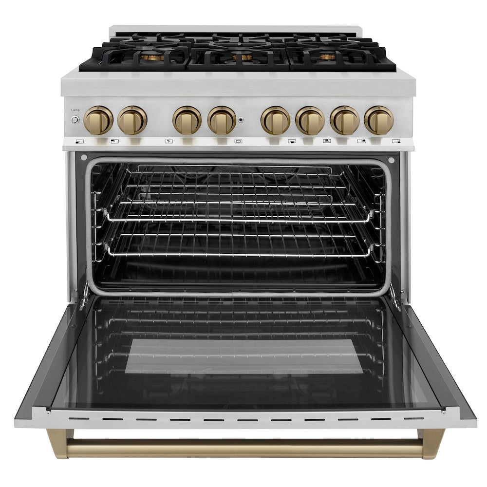 ZLINE Autograph Edition 36-inch Stainless Steel Dual Fuel Range Kitchen Package with Range Hood, Dishwasher & Refrigerator - Champagne Bronze Accents (4KAPR RARHDWM36 CB) | Premium Kitchen Appliances for Modern Homes & Professional Chefs