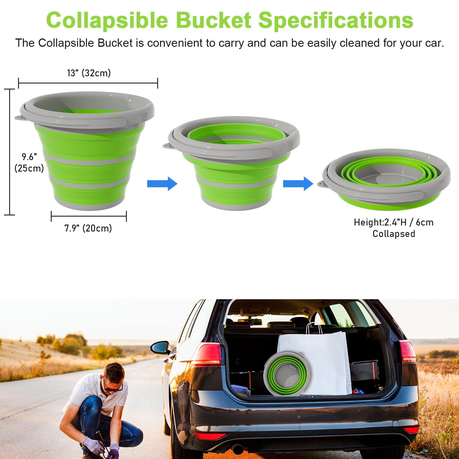 Collapsible 10L (2.6 Gallon) Car Wash Bucket with Microfiber Mitt - Portable Water Bucket with Handle for Auto Detailing, Household Cleaning & Outdoor Use - Green - Perfect for Car Washing, Camping & Home Cleaning Tasks